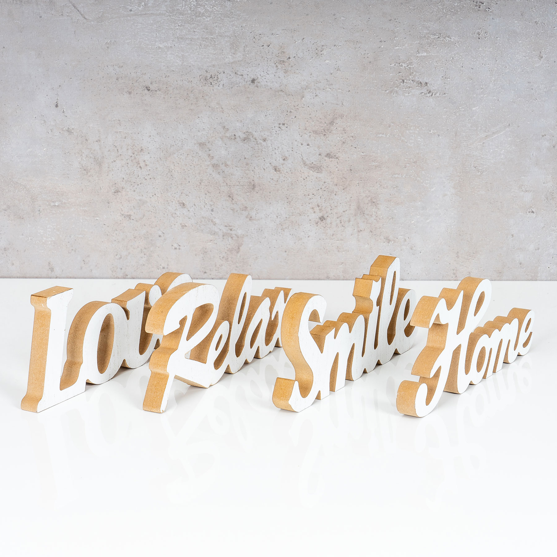 4er Set Schriftzug Relax Home Smile Love L25cm Holz Shabby Chic Tischdeko