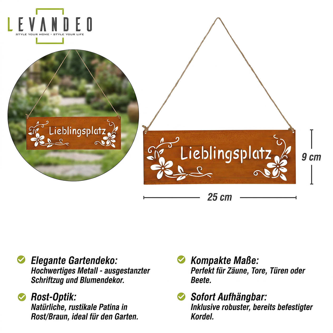 Schild Lieblingsplatz 25x9cm Außen Gartendeko Rost Braun Blumen Metall Türschild