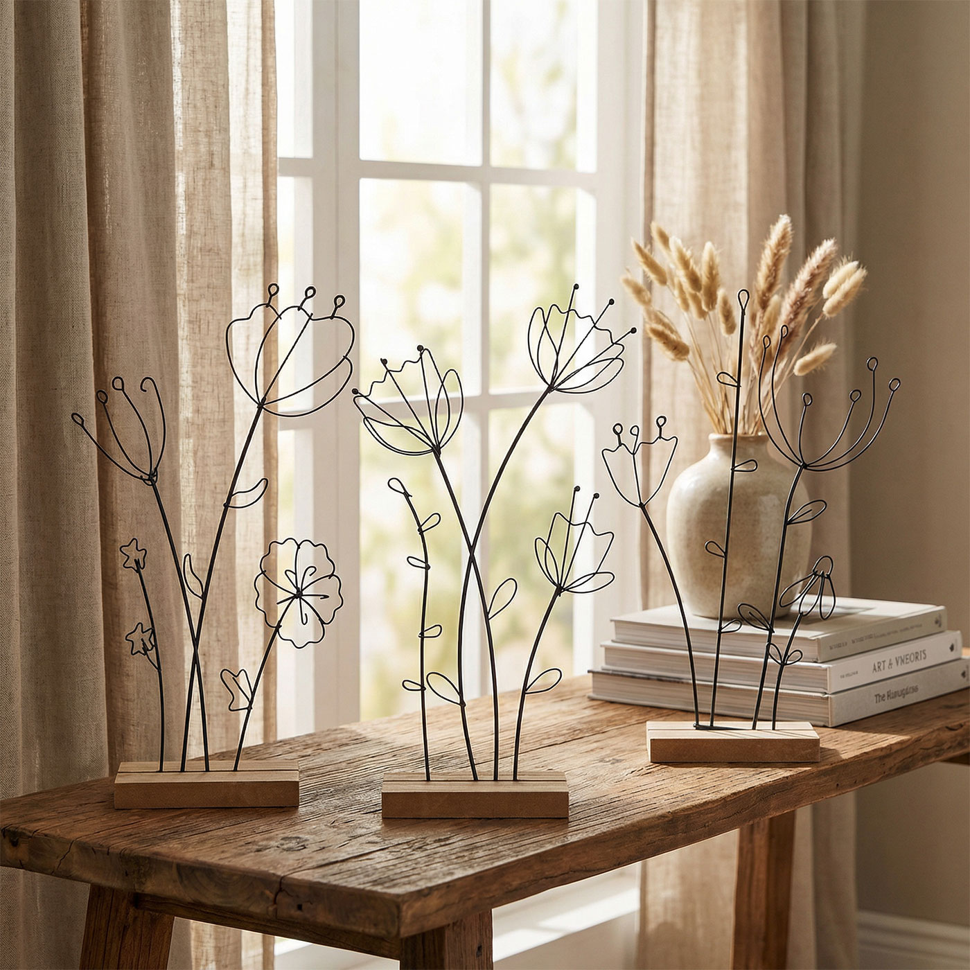 3er Set Aufsteller Blume Metall MDF Schwarz Natur Draht Deko Tischdeko Frühling