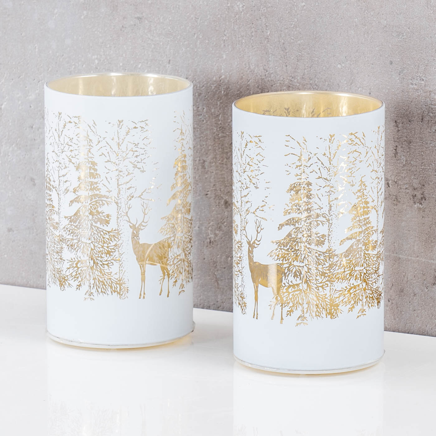 2er Set LED Windlicht H13cm Lichterkette Deko Glas Wald Weihnachten Tischdeko