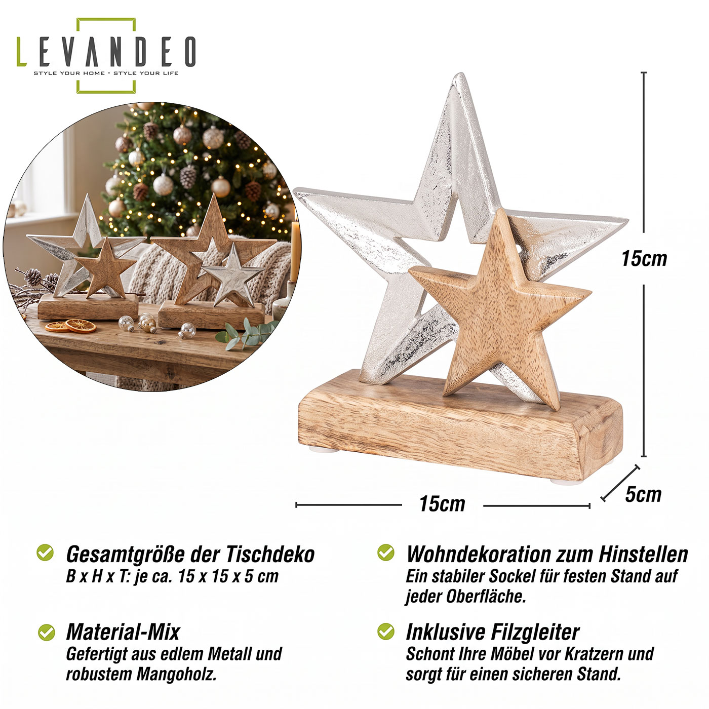2er Set Stern je 15x15cm Metall Metallstern Mango Silber Braun Holzstern Holz