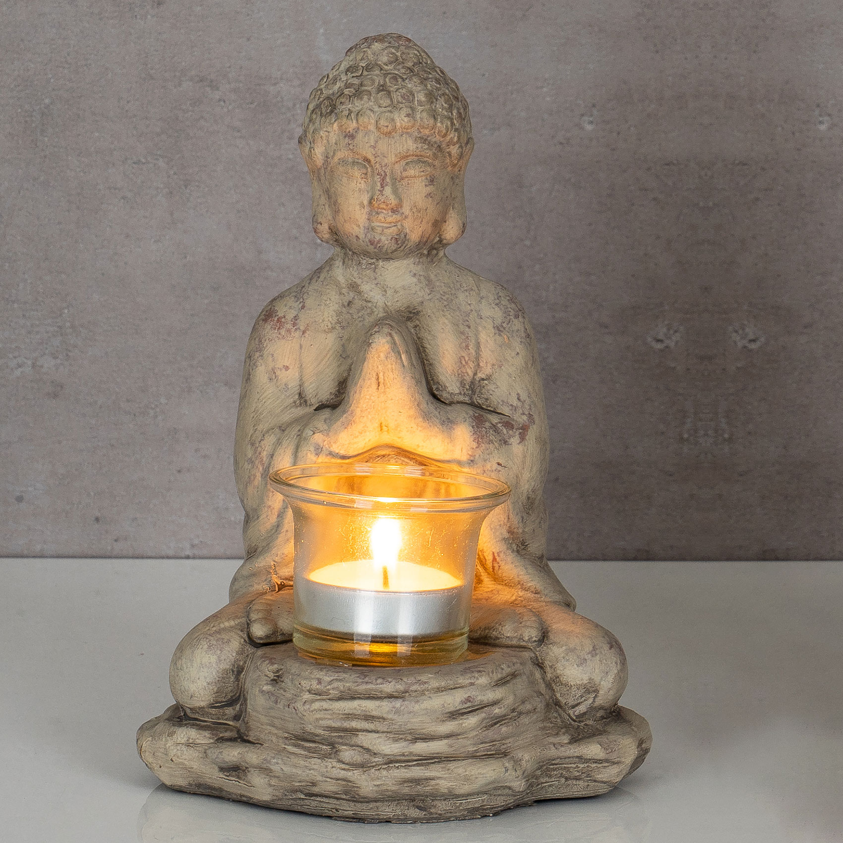 Teelichthalter Buddha Figur Keramik 19cm hoch Grau Tischdeko Kerzenhalter