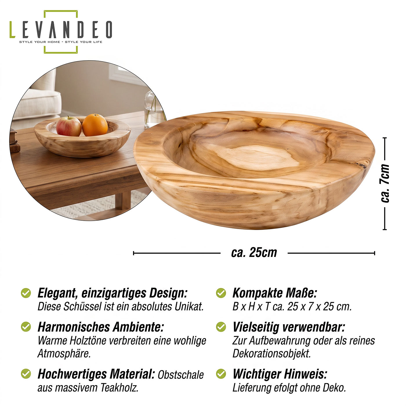 Teakholz Schale 25cm Teak Massiv Holz Obstschale Schüssel  Holzschale Dekoschale