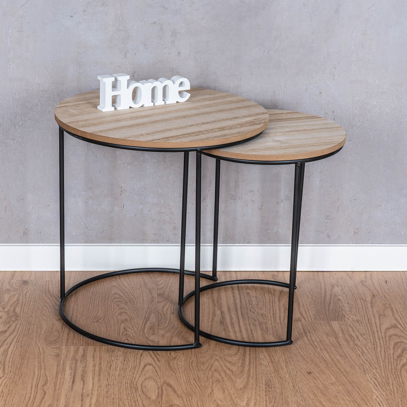 2er Set Beistelltische Metall Schwarz Holz Rund Couchtisch Industrial Sofatisch
