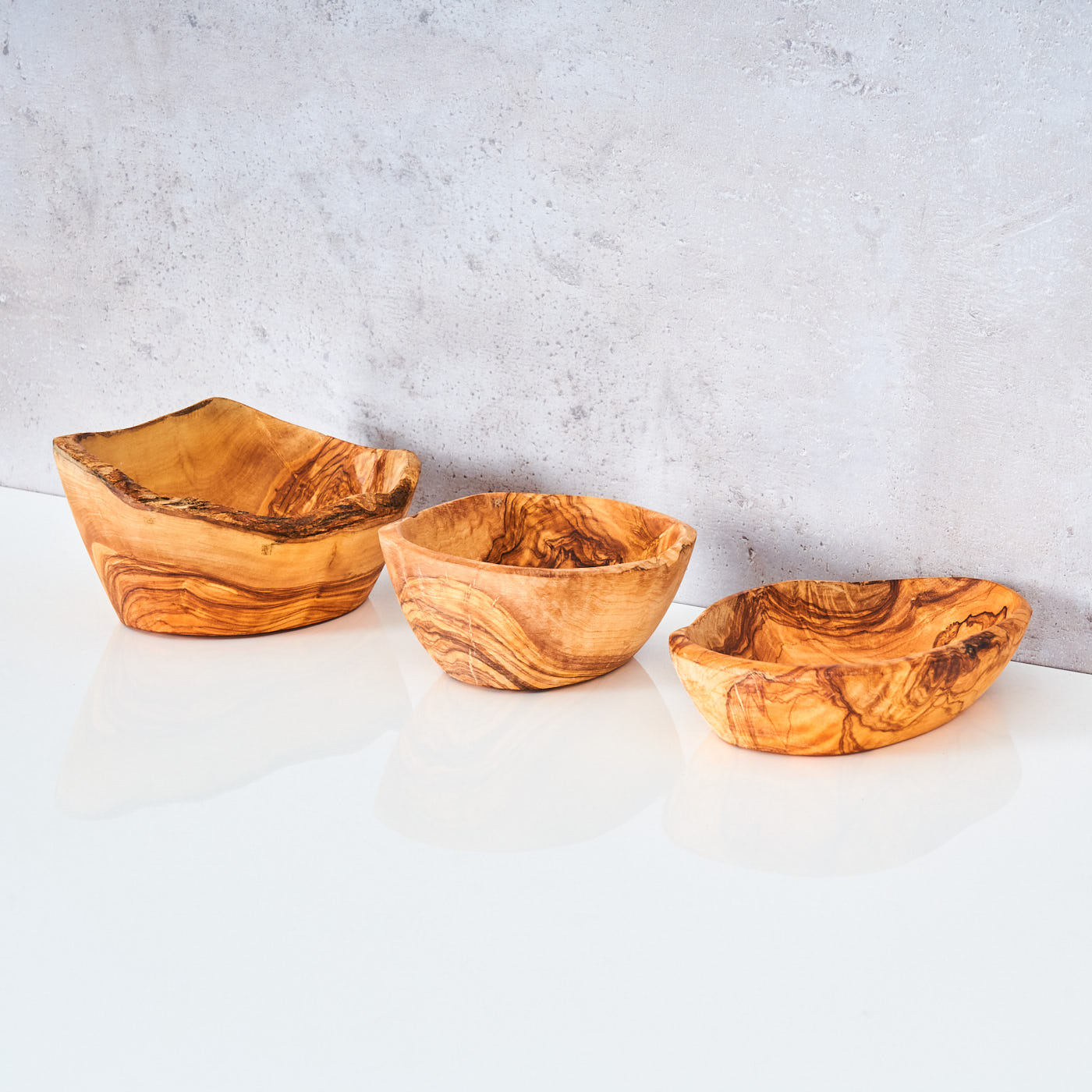 3er Set Olivenholz Schüssel ca. 12-16cm Rustikal Klein Mittel Groß Unikat Schale
