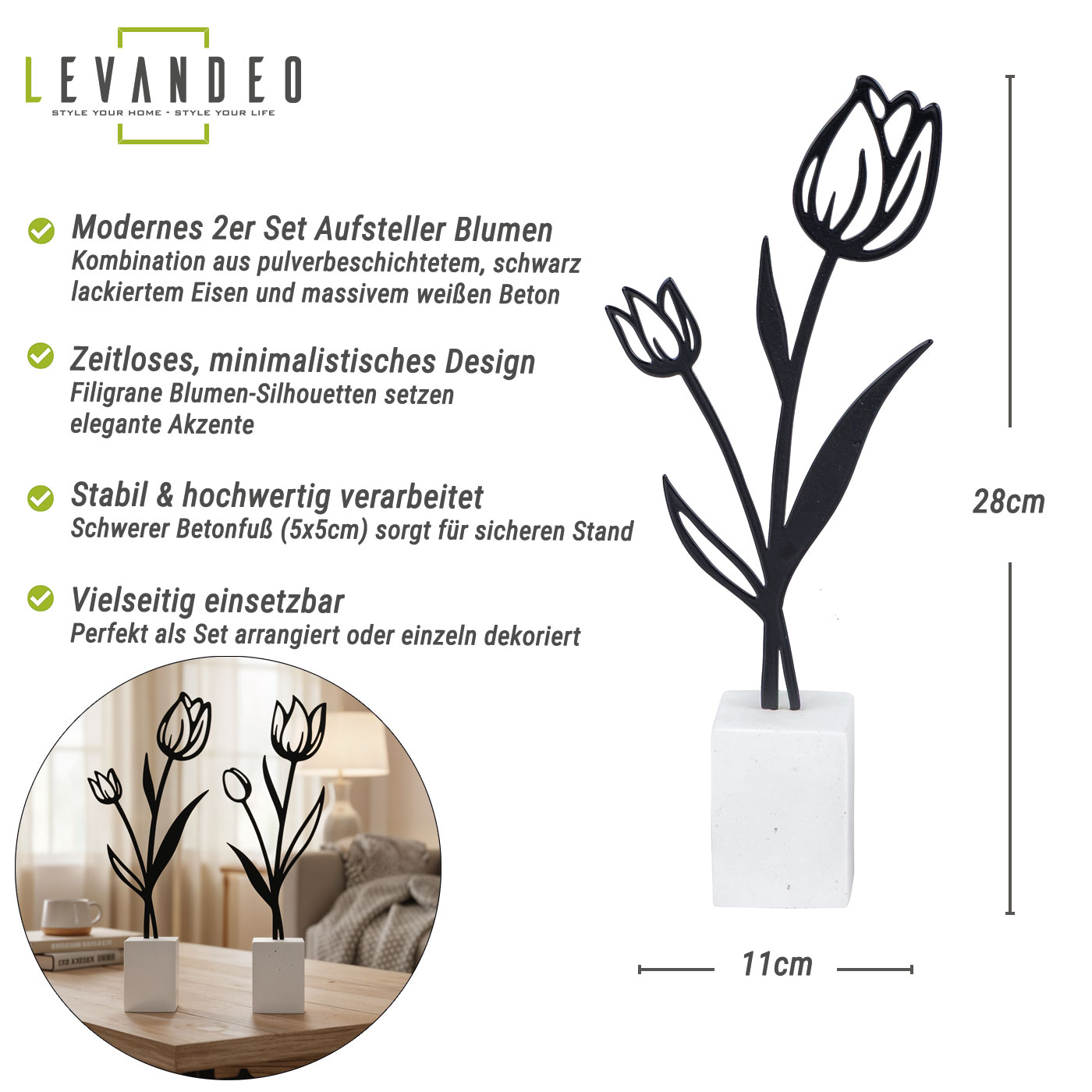 2er Set Metall Blume Tulpe Schwarz Beton Grau Draht Deko Aufsteller Tischdeko