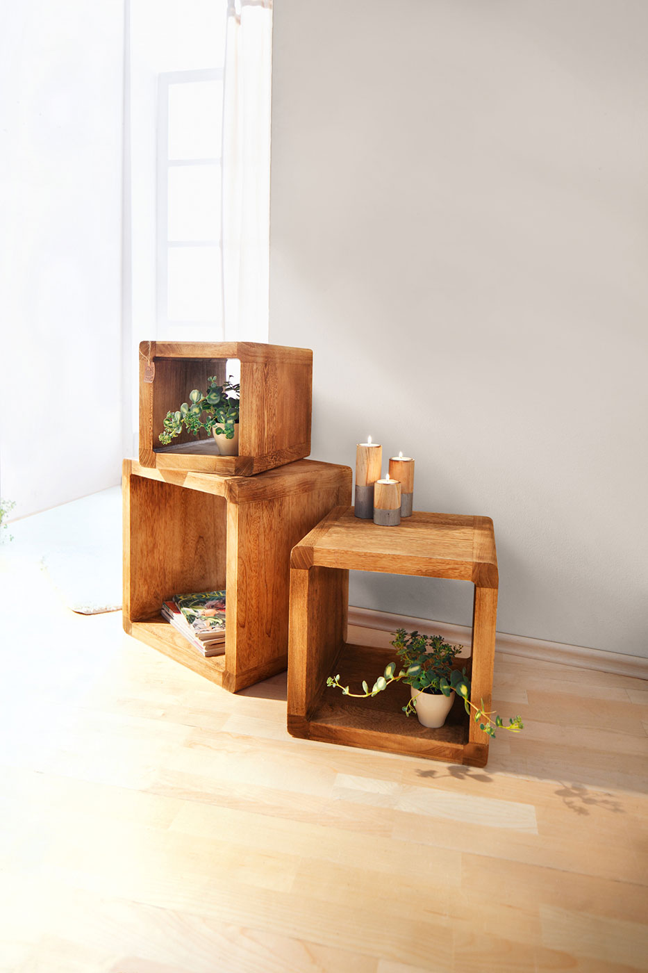 3er Set Regal-Cube 44x35cm Holzregal Holz Board Used-Design Würfelregal Natur