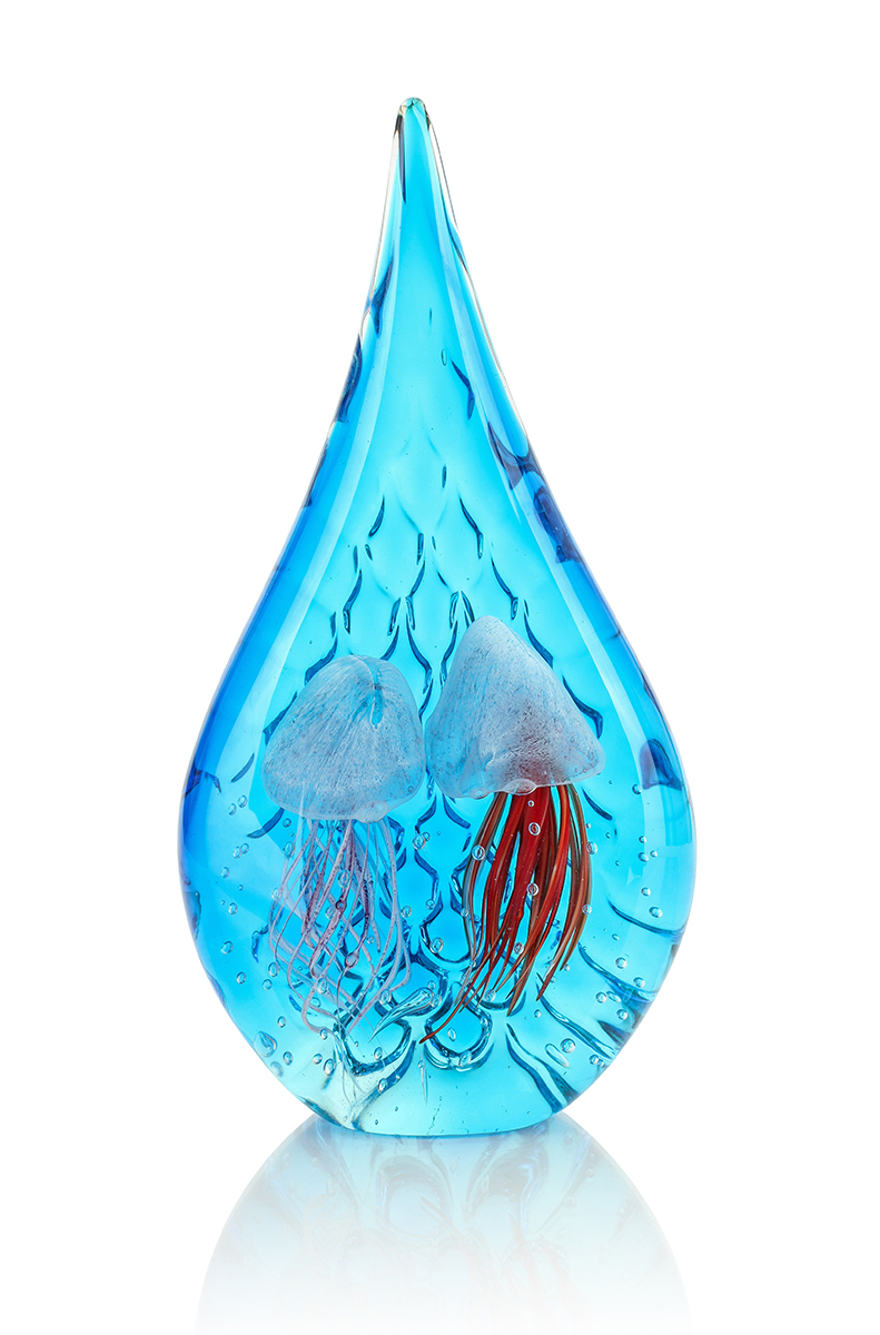 Designer Skulptur aus Glas -  Design Tropfen Qualle Unikat blau 31cm