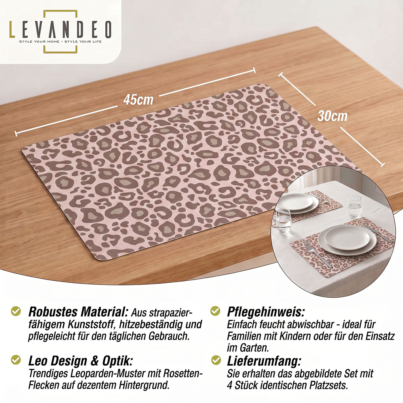 4er Set Platzsets Leo Muster 45x30cm Leopard Platzdecke Tischsets Animal Print
