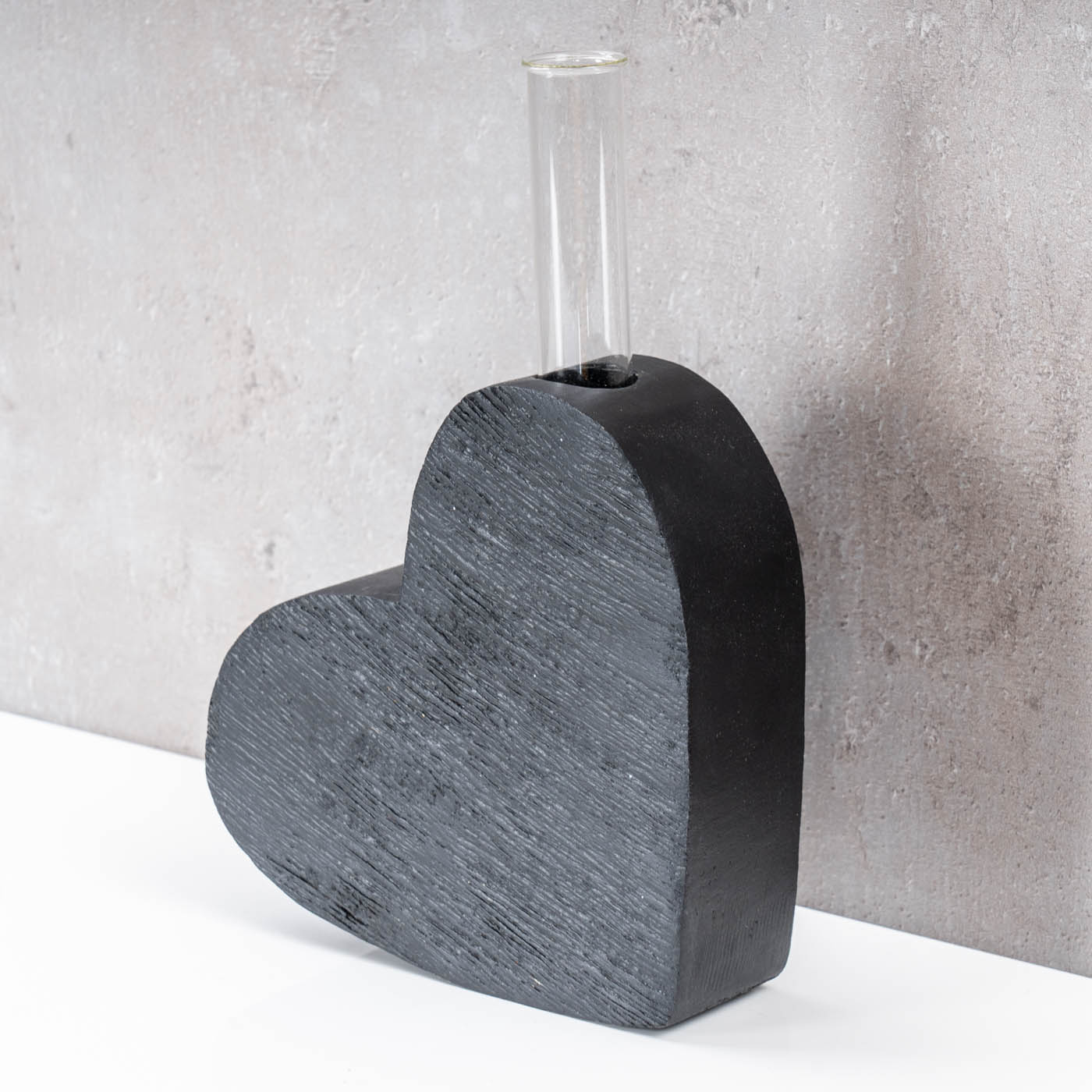 Vase Herz Reagenzglas H13cm Mangoholz Schwarz Glas Tischdeko Wohnzimmer Deko
