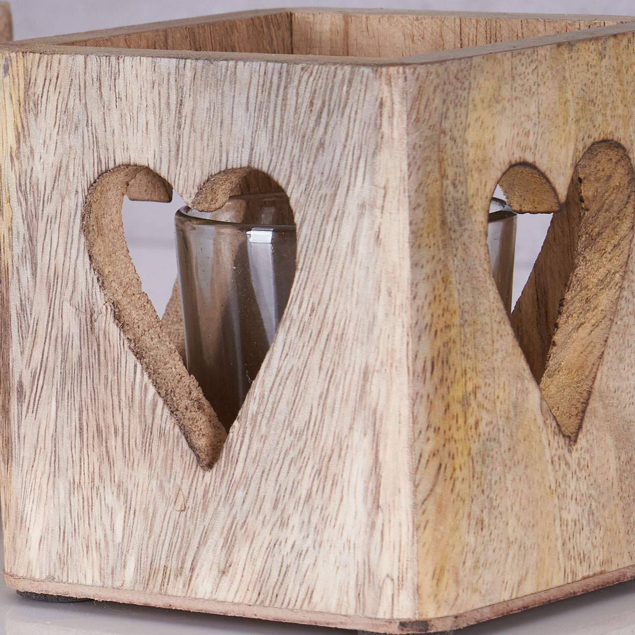 2er Set Windlicht Herz 9cm Mangoholz Teelicht Glas Teelichthalter Kerze Deko