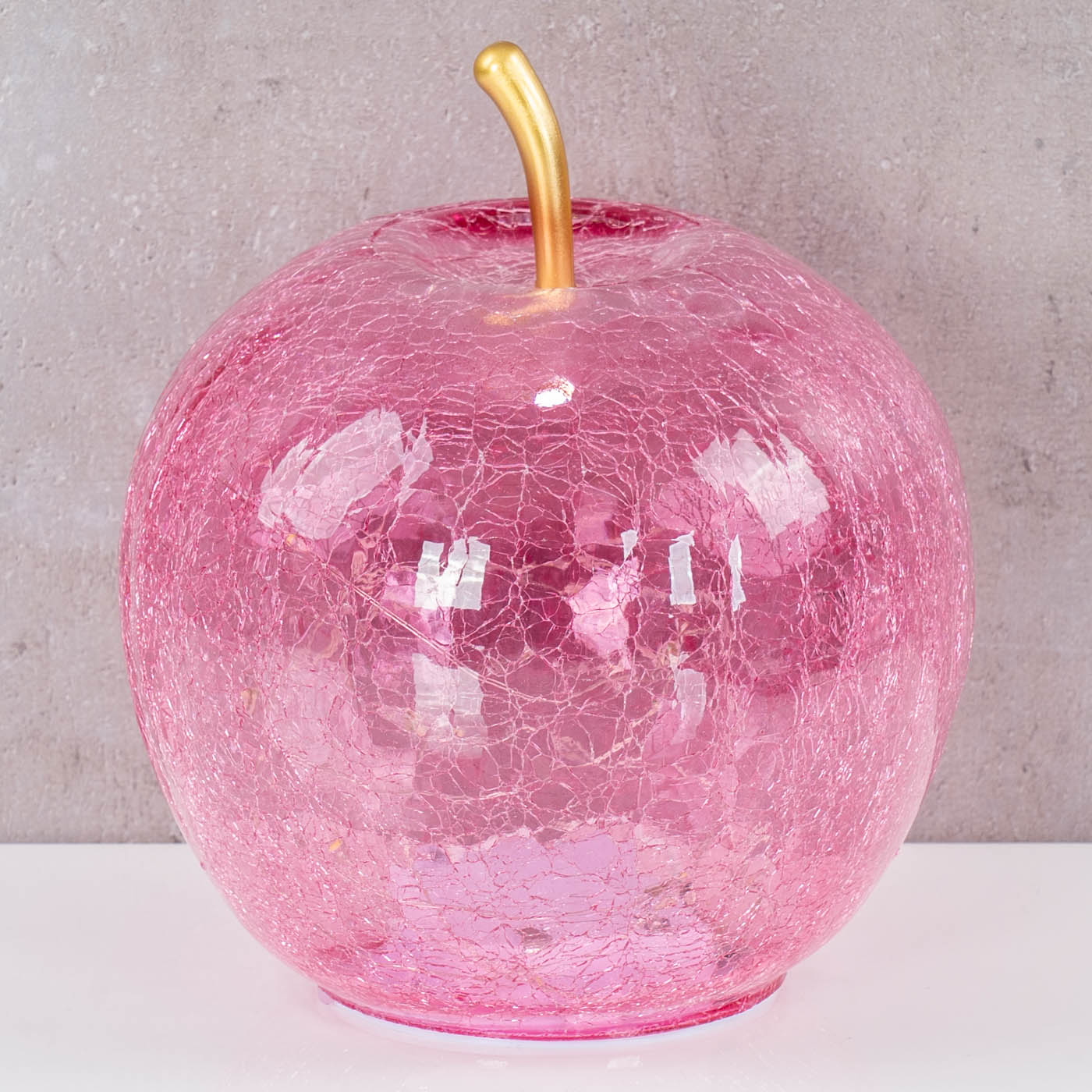 LED Apfel H17cm Rosa Glas Dekolampe Timer Tischlampe Stimmungslicht Dekoleuchte