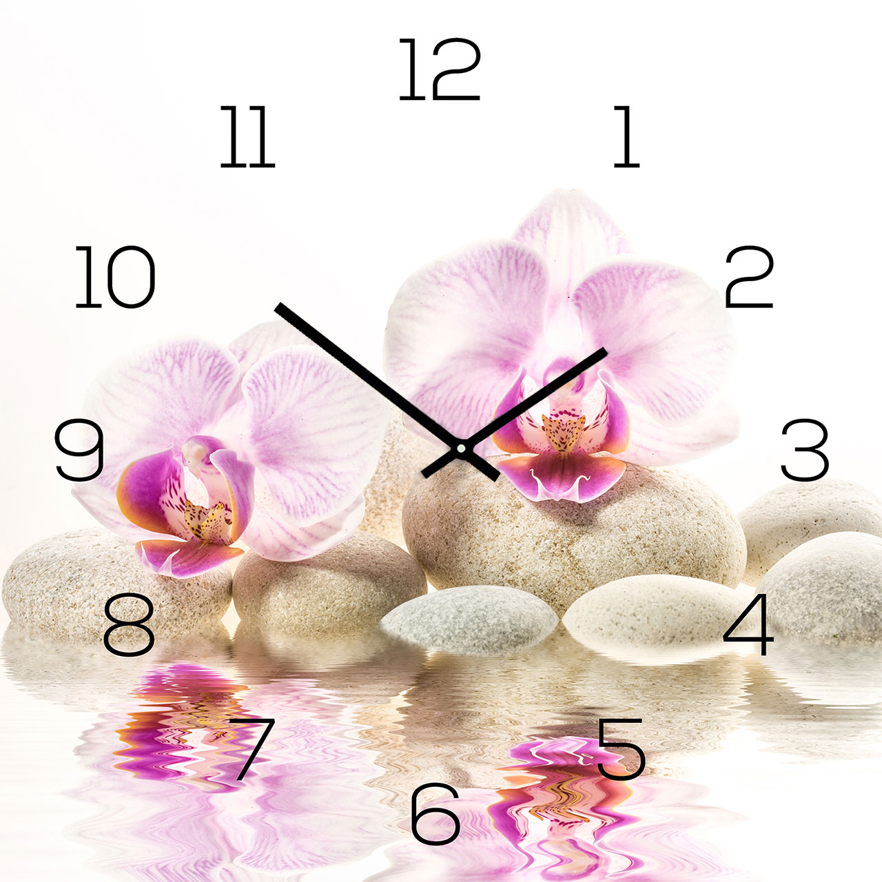 Wanduhr aus Glas 30x30cm Uhr als Glasbild Rosa Orchidee FengShui