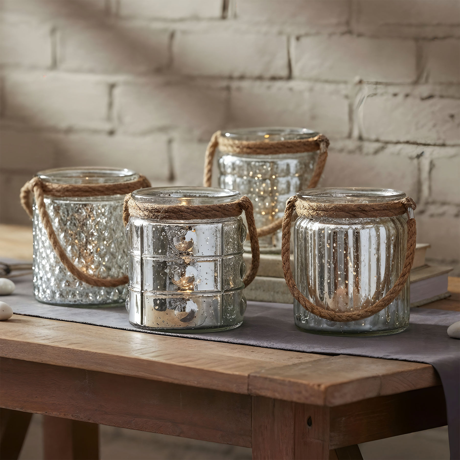 4er Set Windlicht Glas Silber H10cm Teelichthalter Tischdeko Kerzen Retro Deko