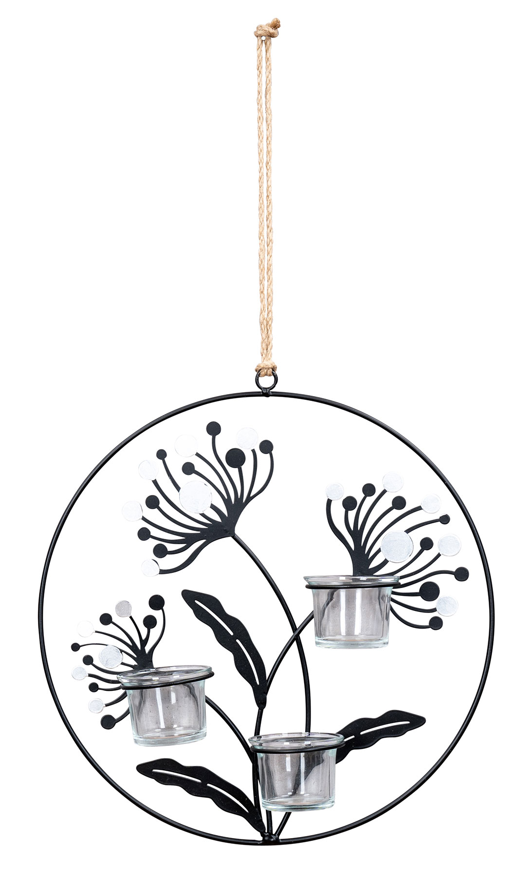 Wand Teelichthalter 30cm Rund Metall Schwarz Silber Blumen Ring Kerzenhalter