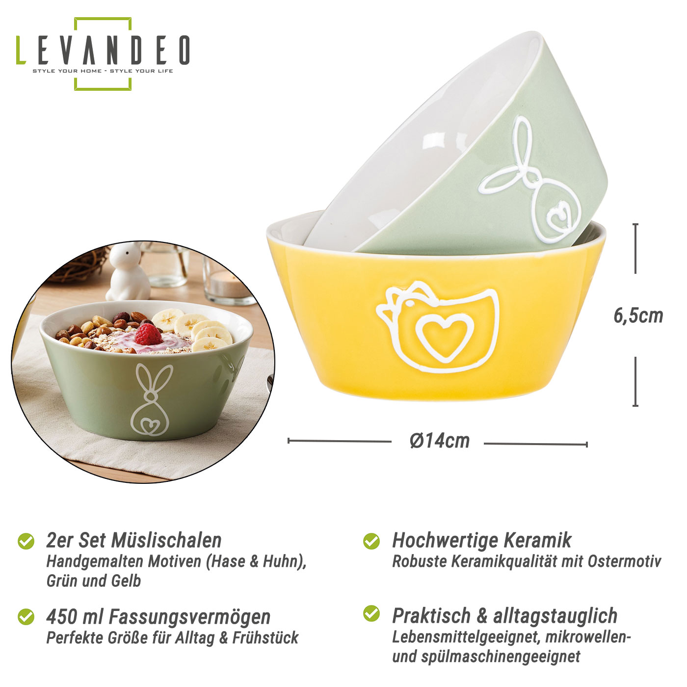 Müslischale 2er Set Hase Huhn 450ml Grün Gelb Osterbrunch Schüssel Schale Ostern