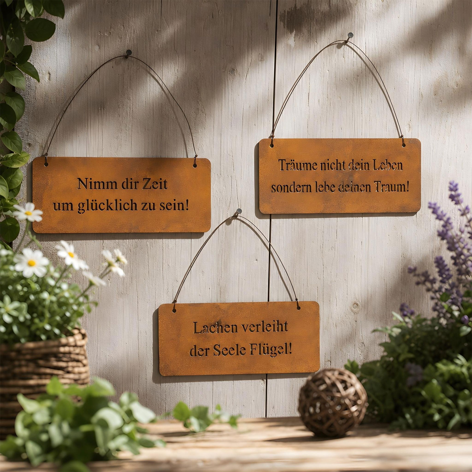 3er Set Wandbilder Sprüche 18x8cm Schilder Garten-Deko Türschild Edelrost Braun