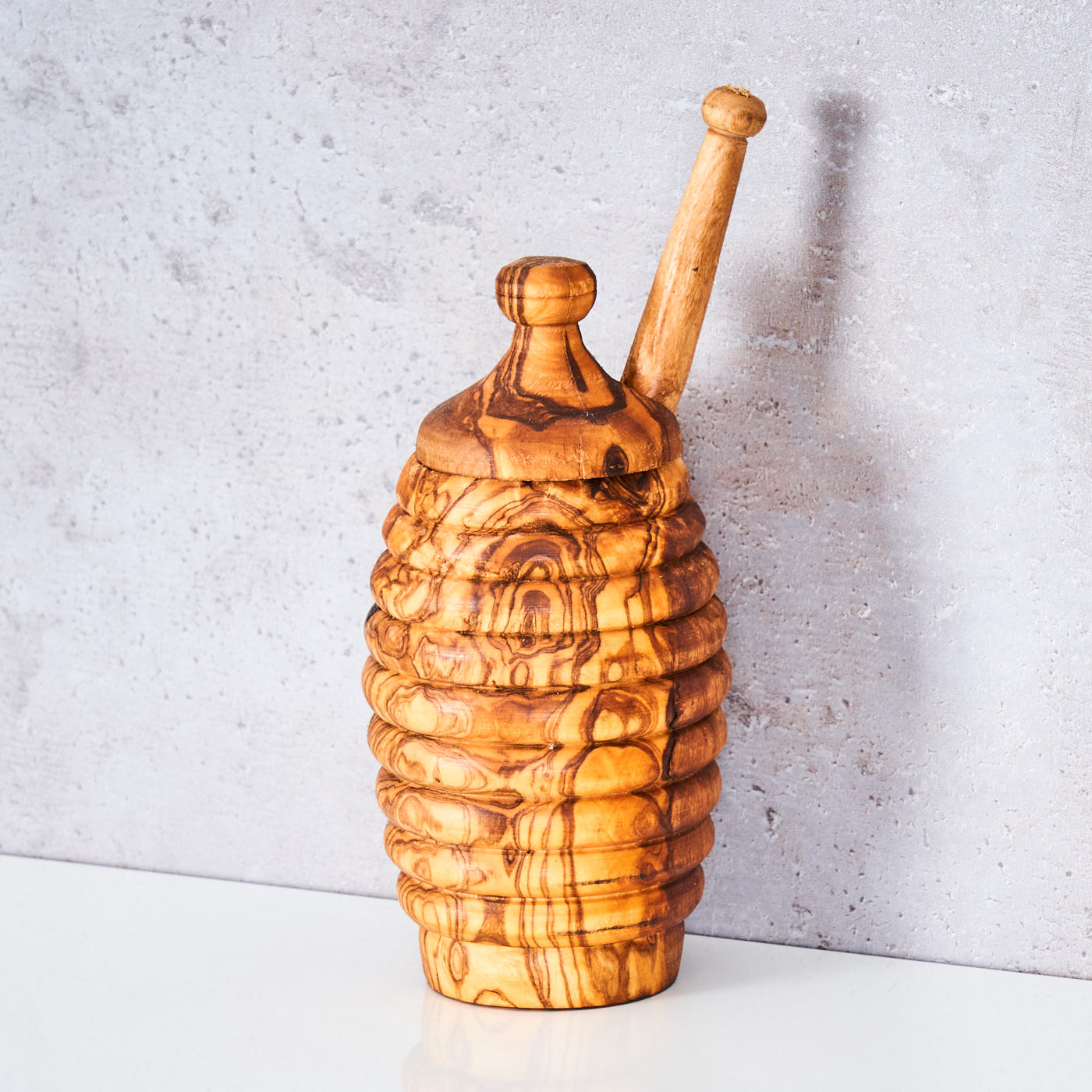 Honigtopf ca. H14cm Olivenholz inkl. Honigstab Deckel Honigdose Honey Jar Unikat Küche