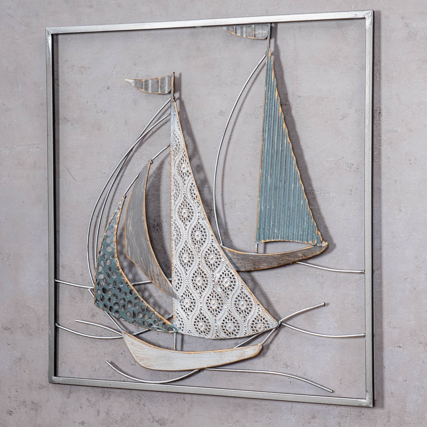 Metallbild 50x50cm Segelboot Wandbild Blau Grau Weiß Maritim Wanddeko Metalldeko