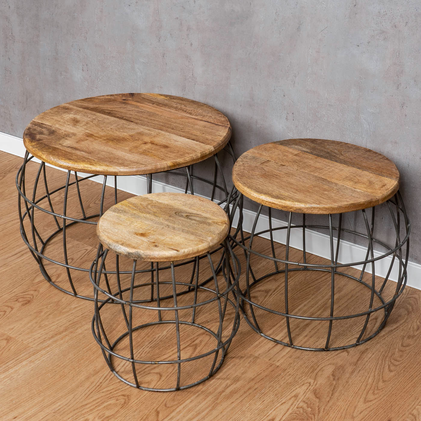 3er Set Couchtische Mango Rund Natur Eisen Metall Design Holz Beistelltisch