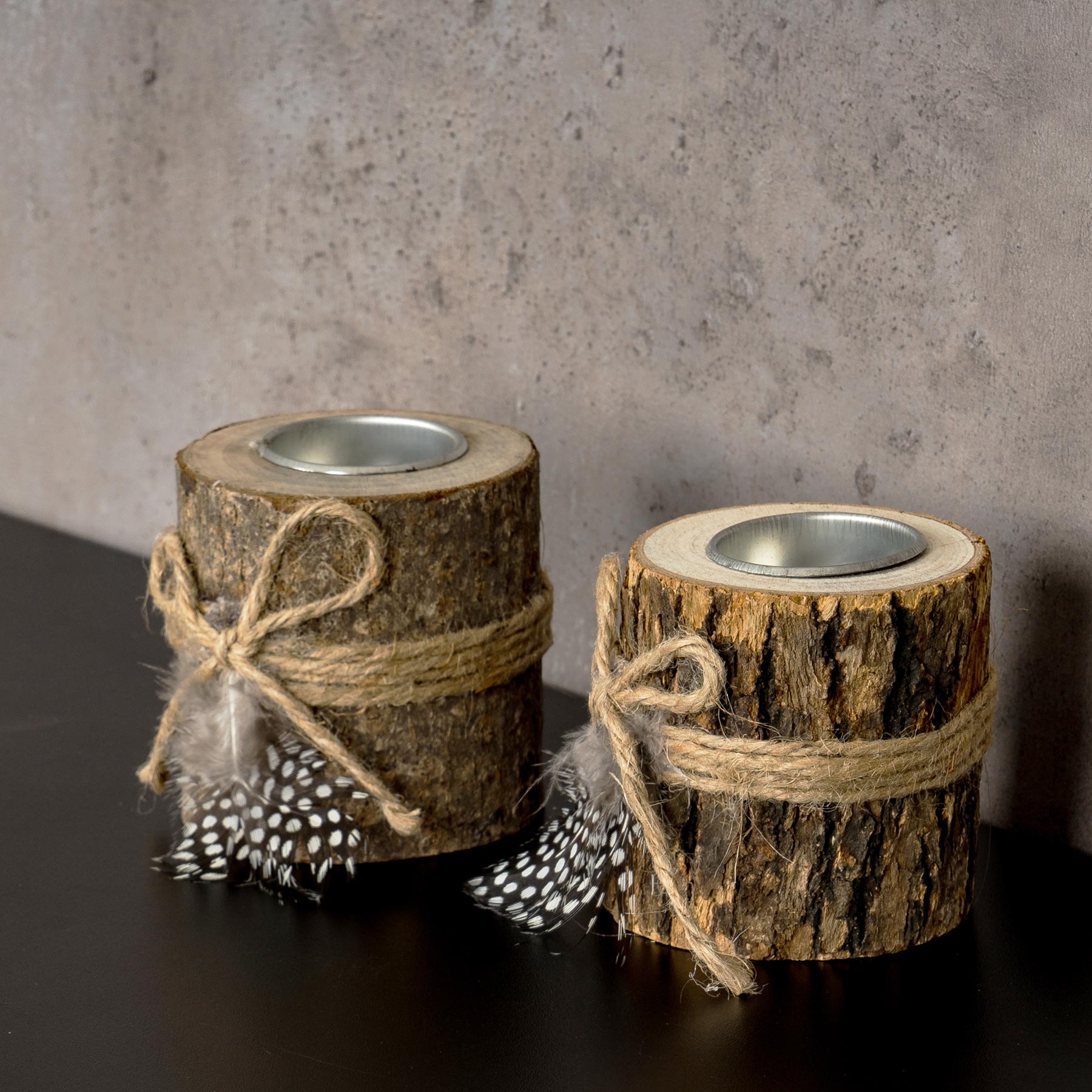 2er Set Teelichthalter Holz je 8,5cm hoch Kerzenhalter Federn Kerzenständer