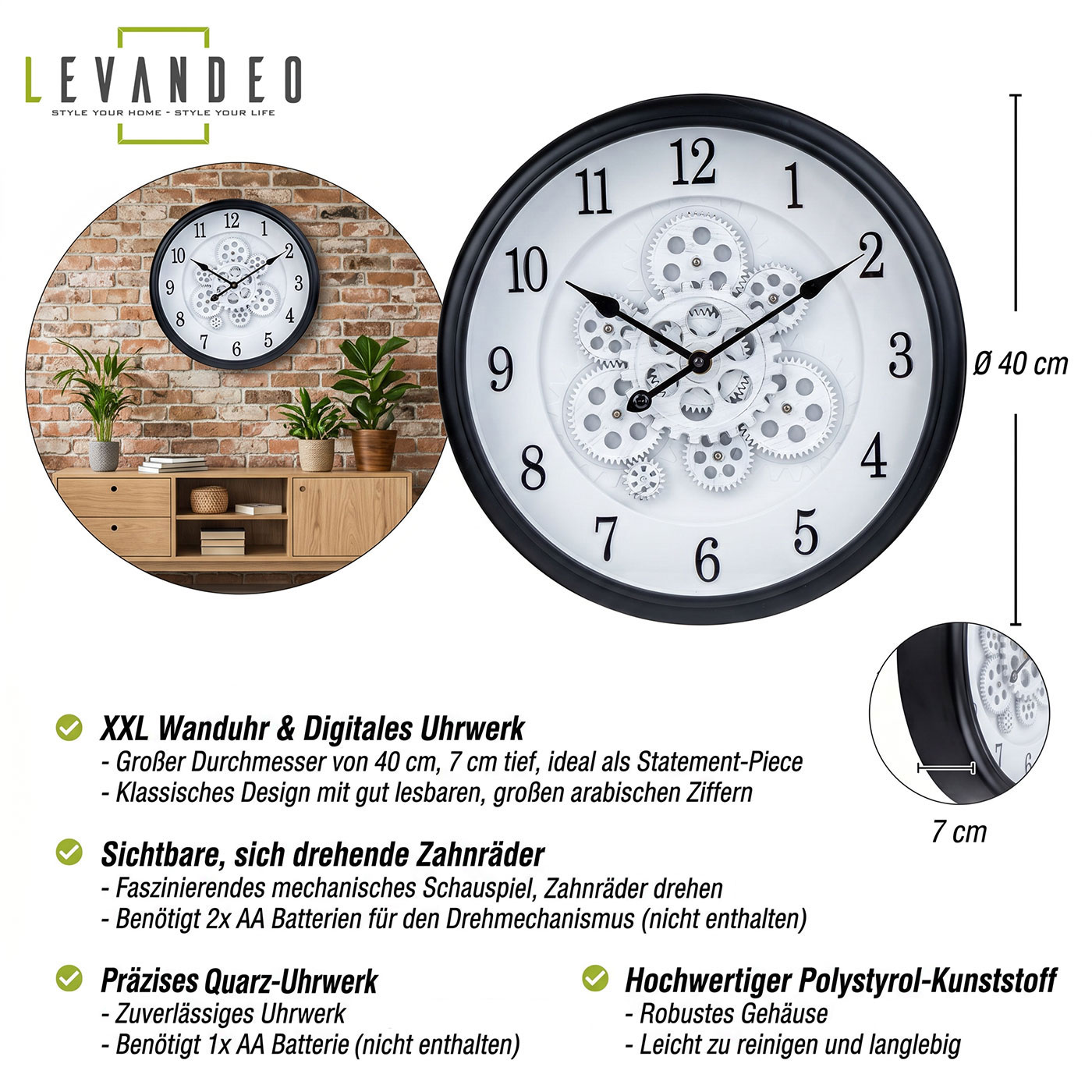 Wanduhr Ø 40cm Zahnraduhr Schwarz Weiß Bewegliche Zahnräder Retro Steampunk Deko