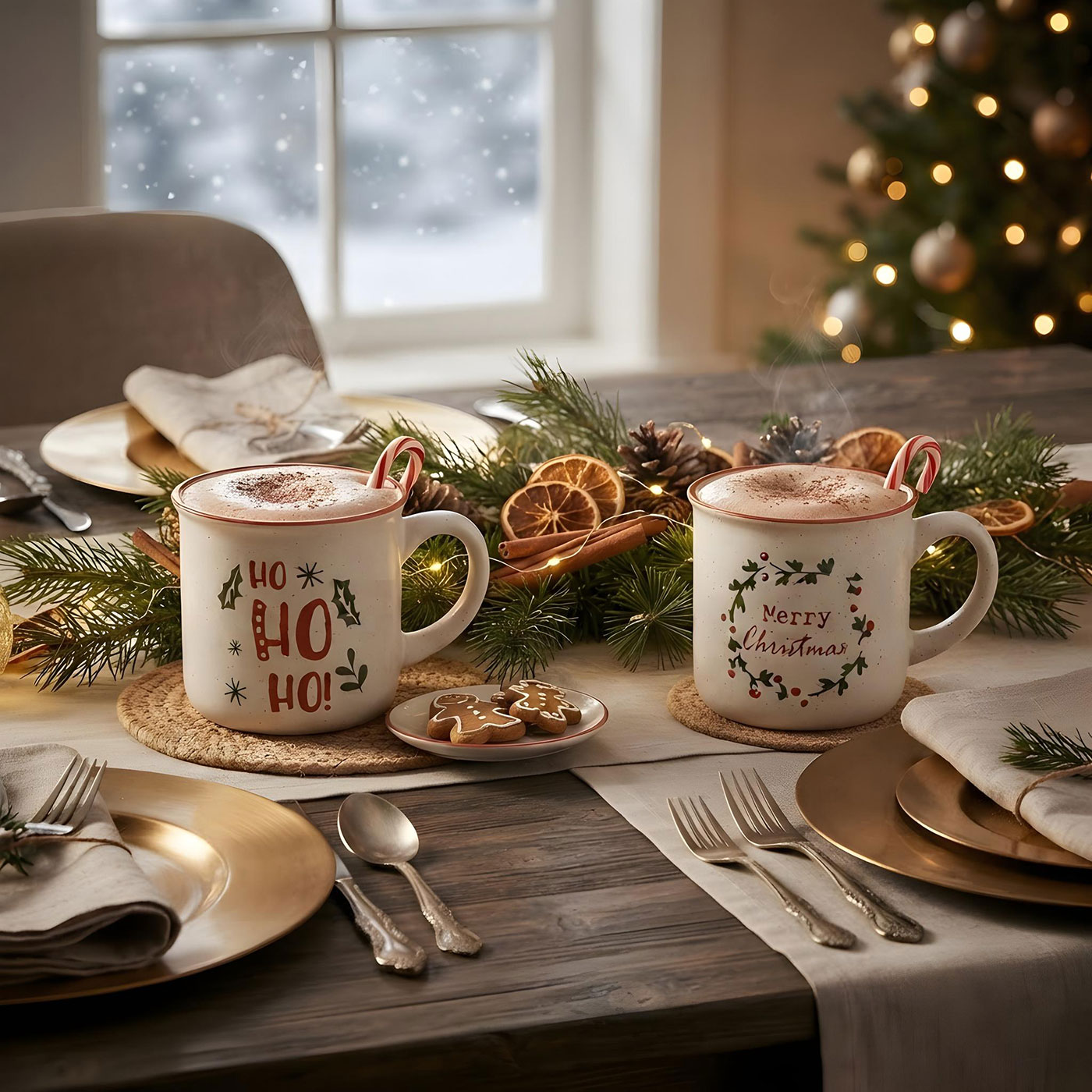 2er Set Tassen Weihnachten HoHoHo 330ml Steingut Kaffeetasse Rot Grün Becher