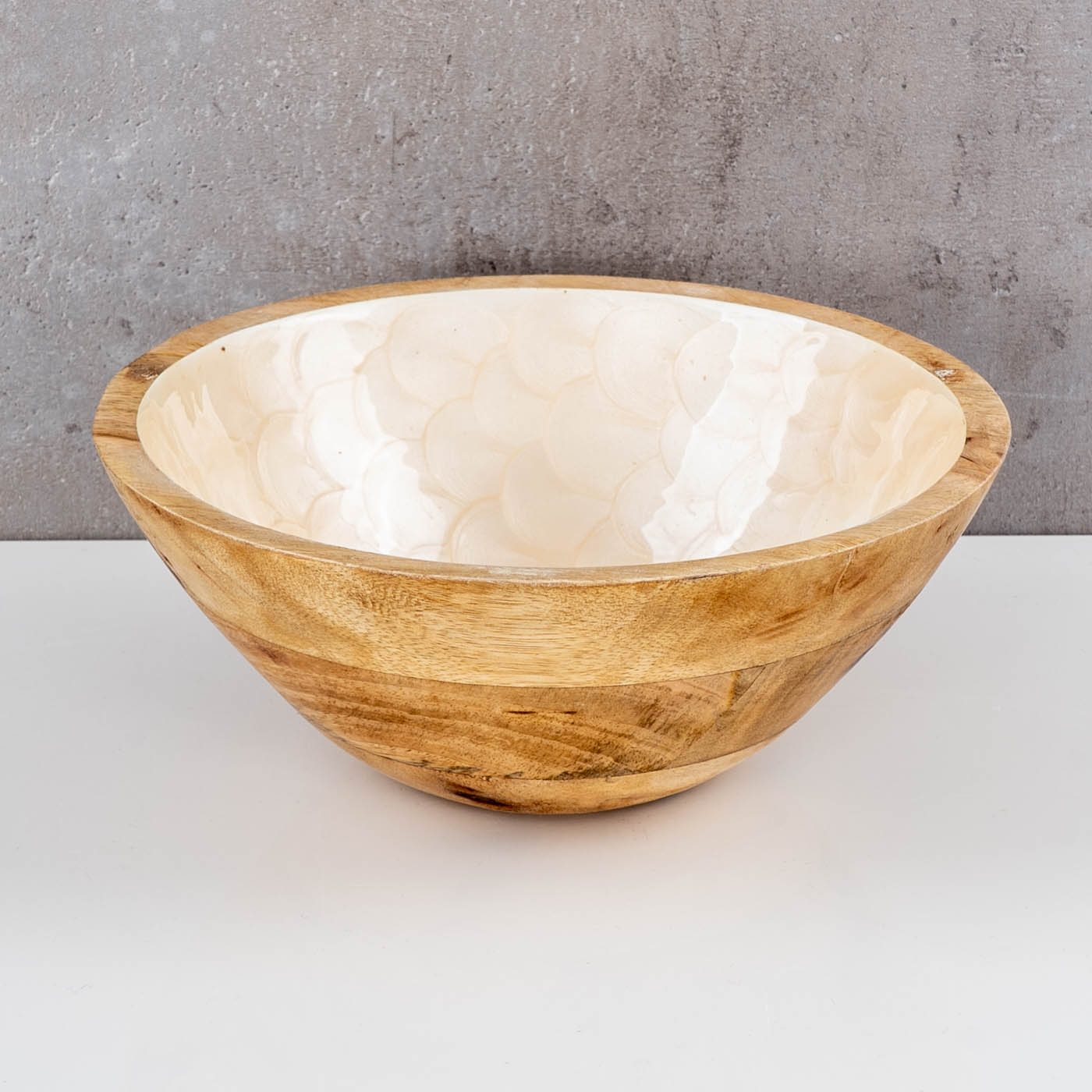 Schüssel 21cm Mango Holz Creme Perlmutt Emaille Schale Bowl Salatschüssel Deko