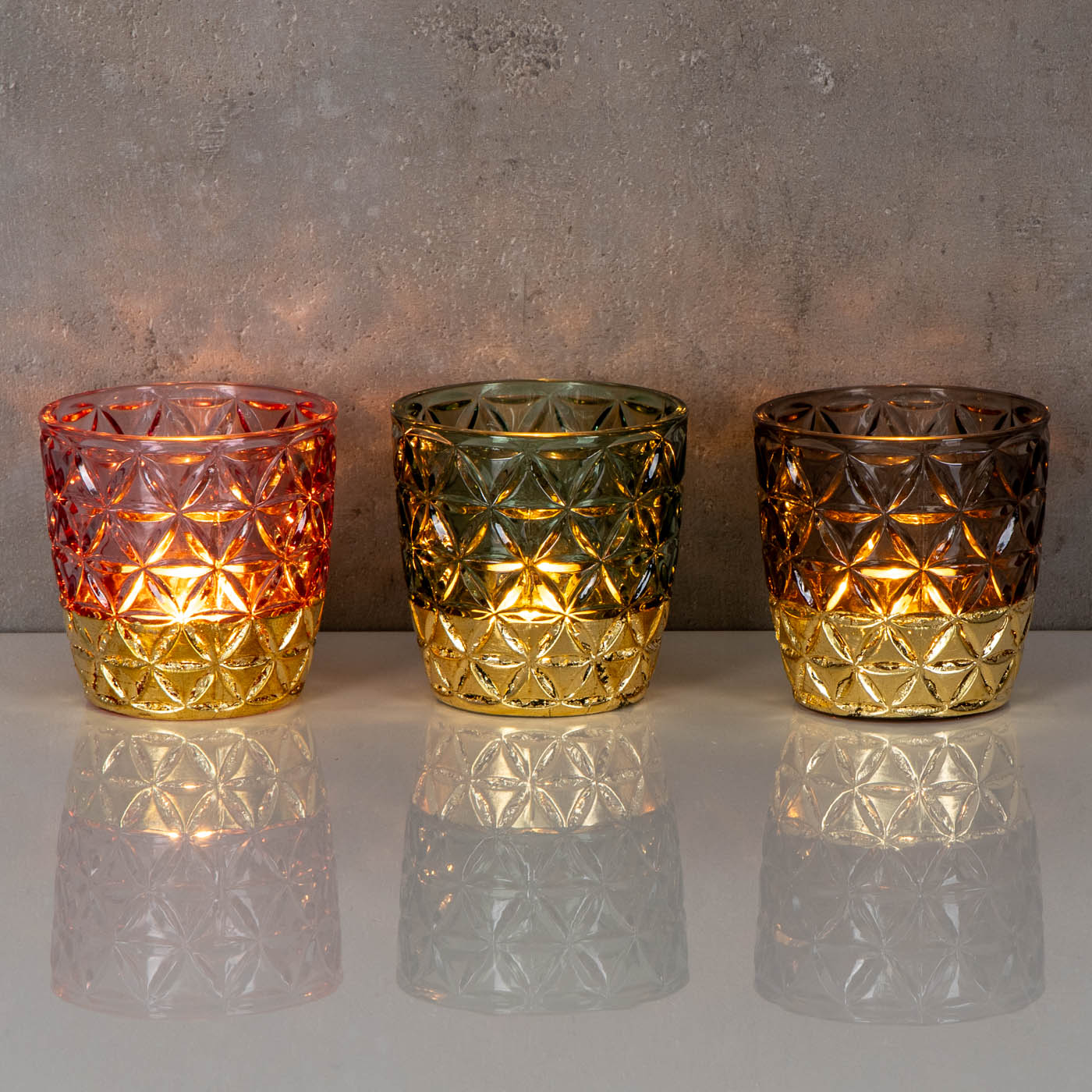 3er Set Teelichthalter Glas Rosa Grün Grau H9cm Kerzenglas Retro Tischdeko Deko