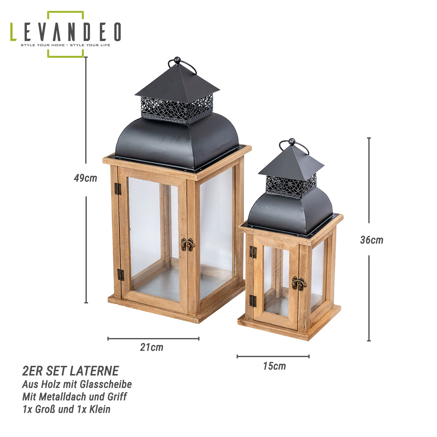 2er Set Laterne Braun Holz Metall Kerzenhalter Windlicht Gartendeko Holzlaterne