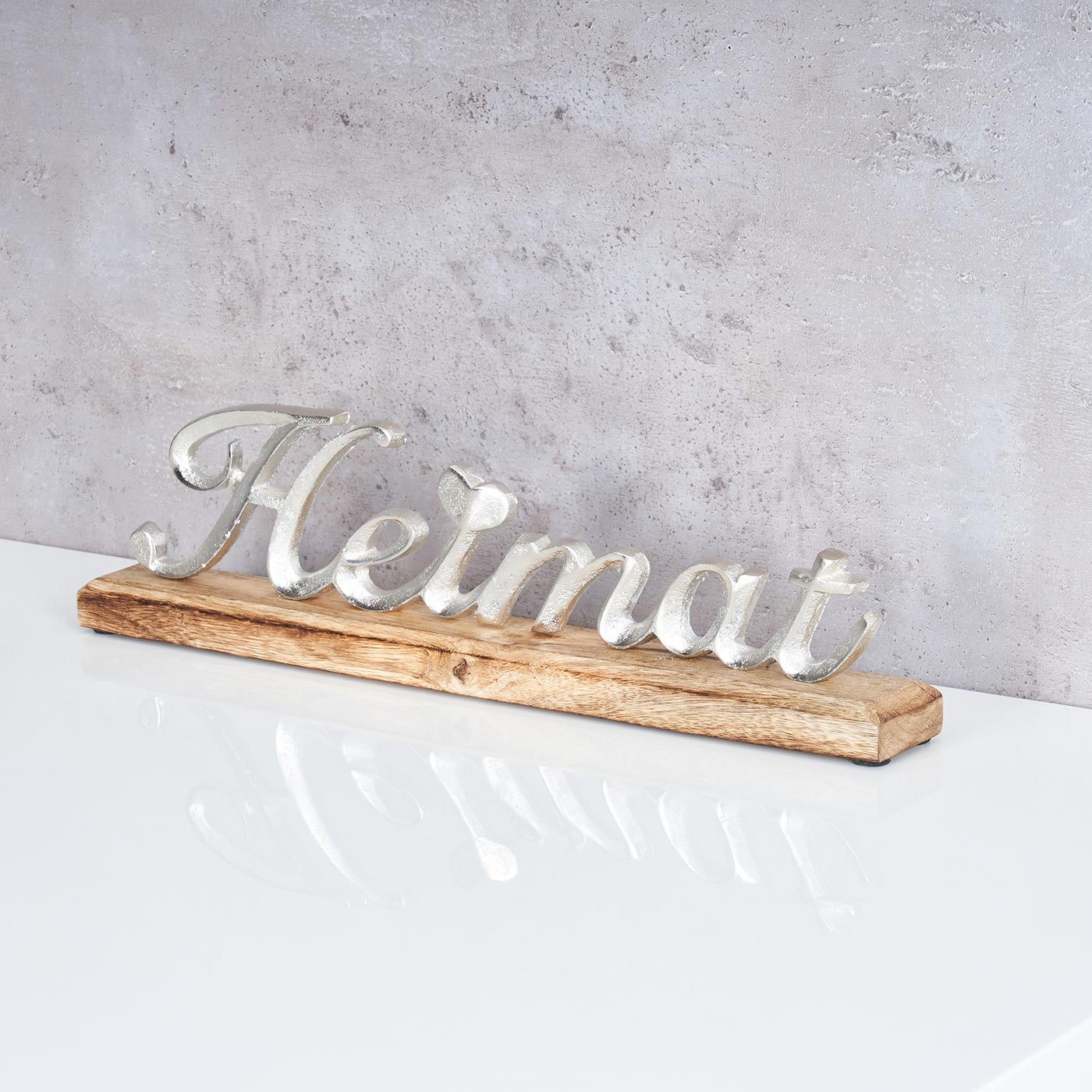 Schriftzug Heimat L40cm Metall Silber Mango Holz Tischdeko Deko Aufsteller
