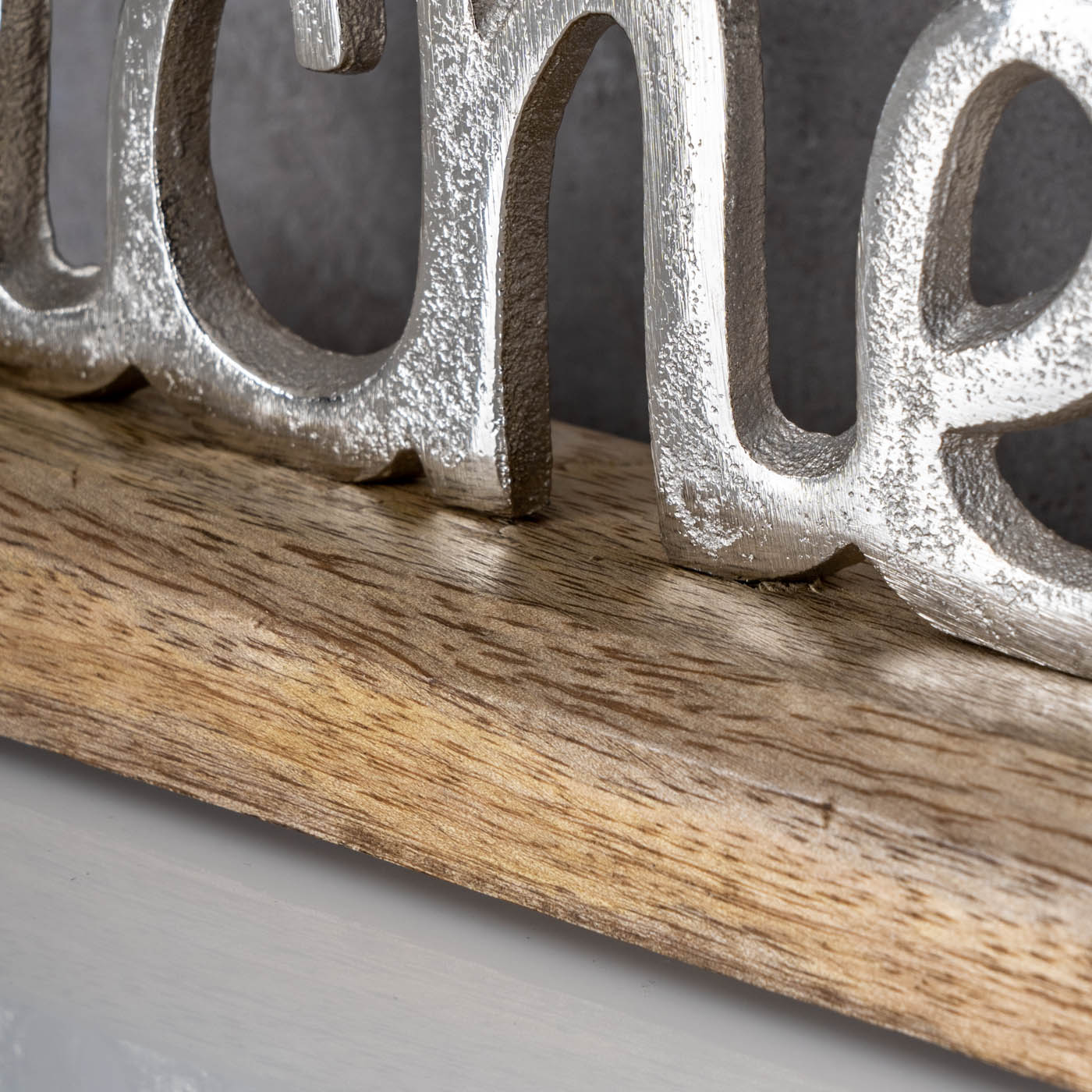 Schriftzug Lebe Lache Liebe Metall Silber Mango Holz Aufsteller Tischdeko Deko