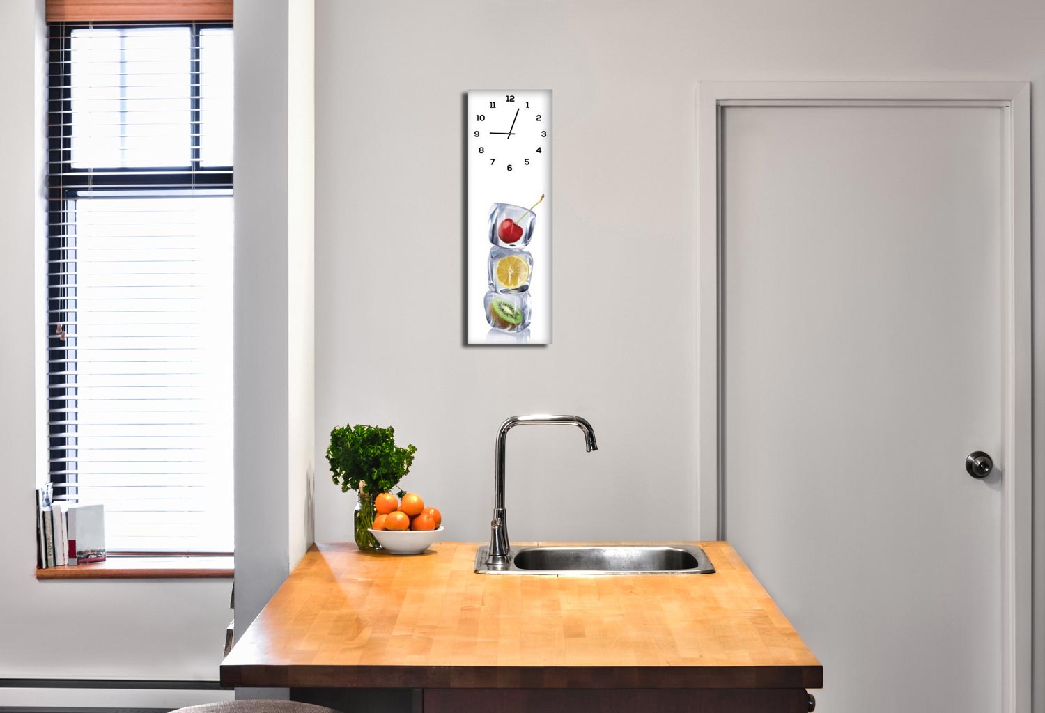 Wanduhr aus Glas 20x60cm Uhr als Glasbild Eiswürfel Obst Früchte Küche