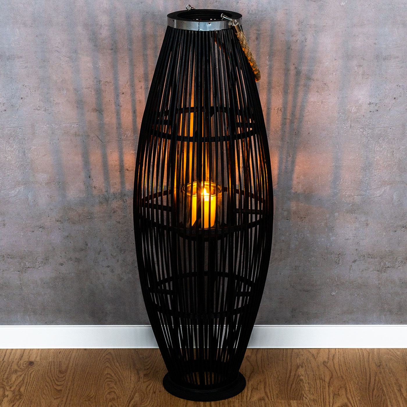 Laterne H72cm Bambus Windlicht Schwarz Holz Glas Kerzenhalter Sisal Deko