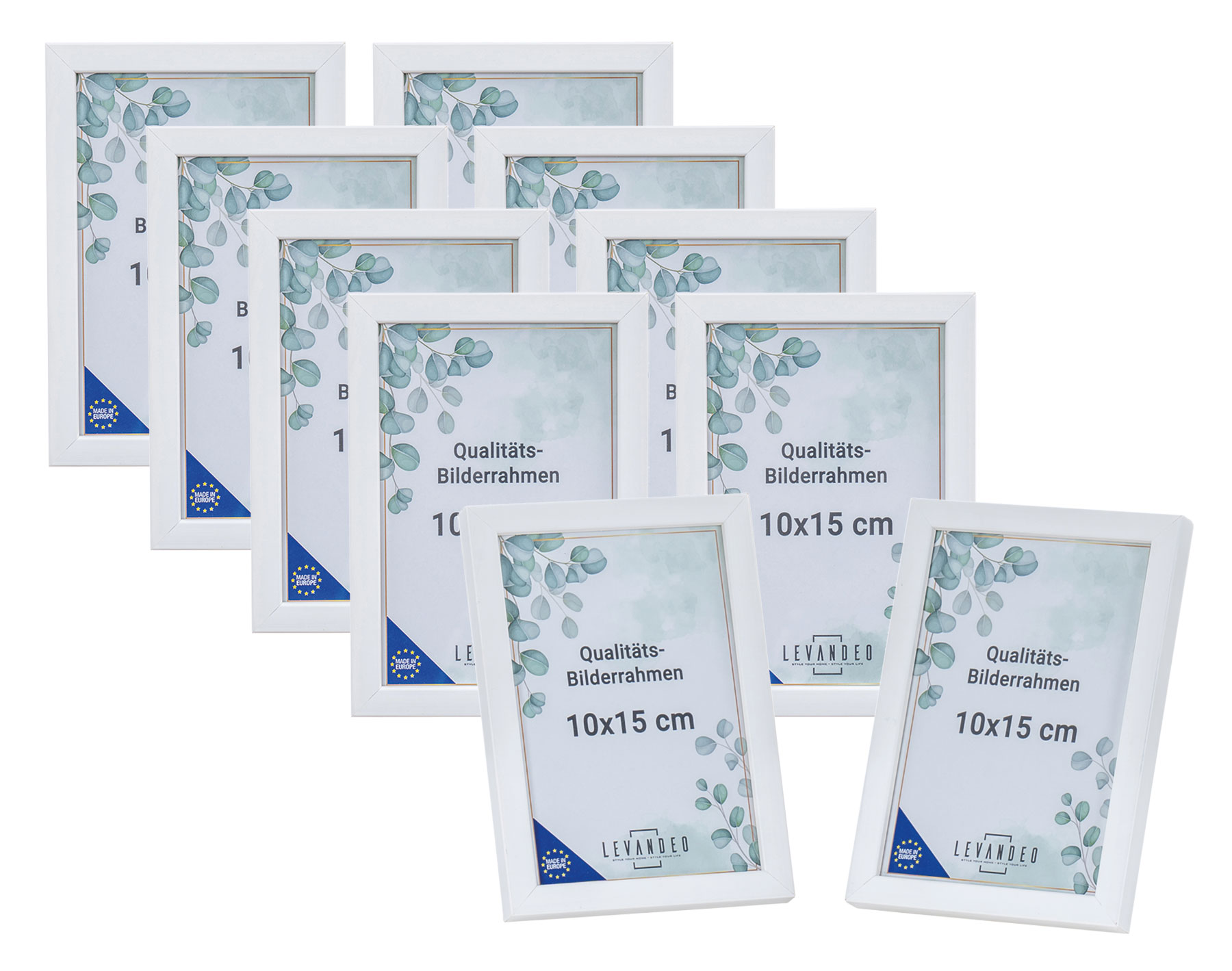 10er Set Bilderrahmen Echtholz Made in EU 10x15 Weiß Glasscheibe Fotorahmen