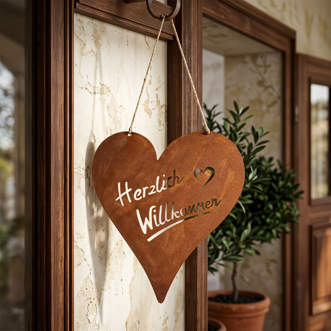 Türschild Herz Willkommen Rostoptik Gartendeko Metall Herzform Edelrost Wanddeko