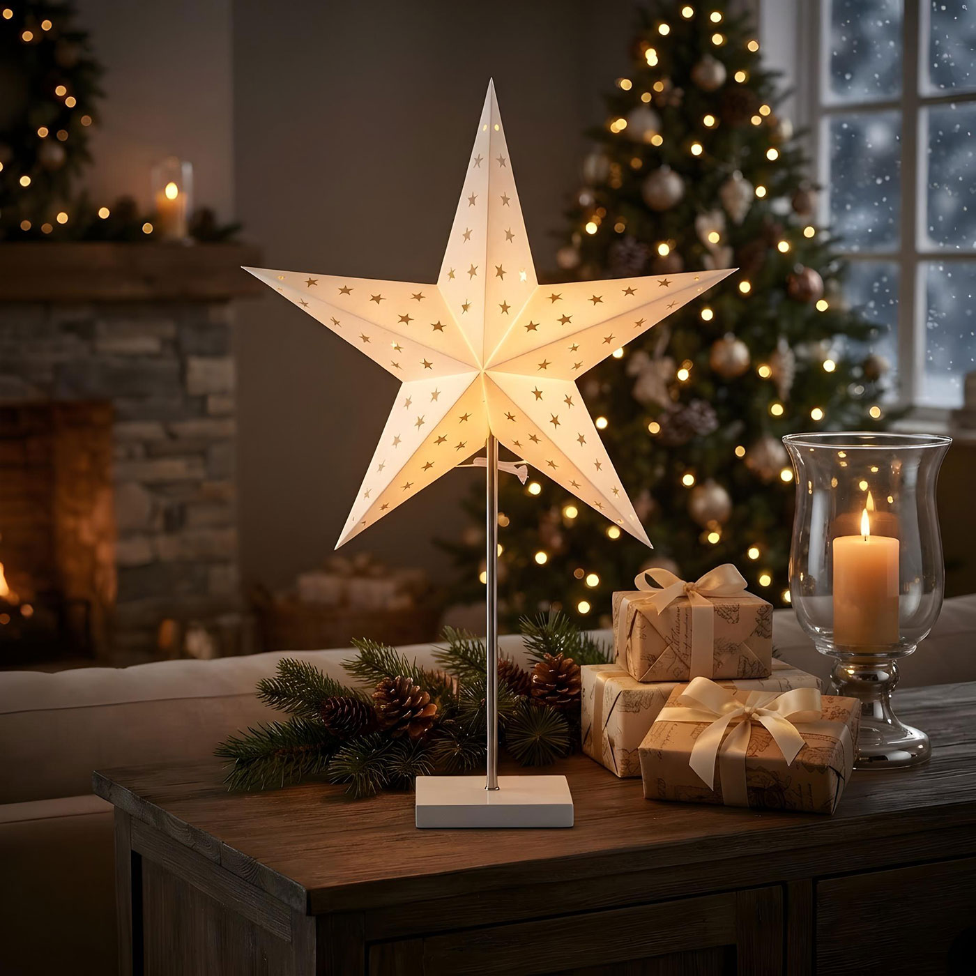 LED Leuchtstern Weiß H65cm mit Standfuß Weihnachtsstern Tischdeko Weihnachtsdeko