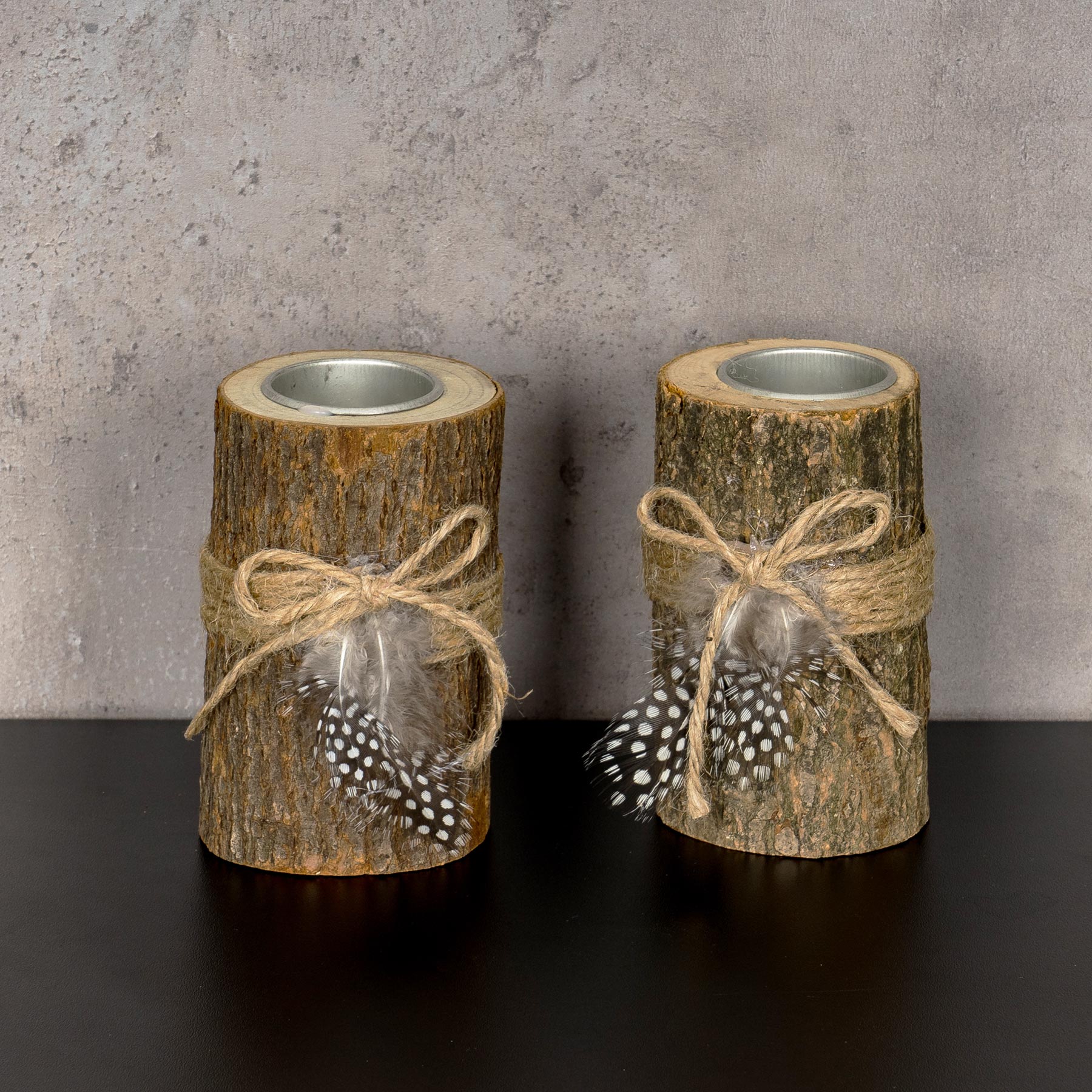 2er Set Teelichthalter Holz je 12cm hoch Kerzenhalter Federn Kerzenständer