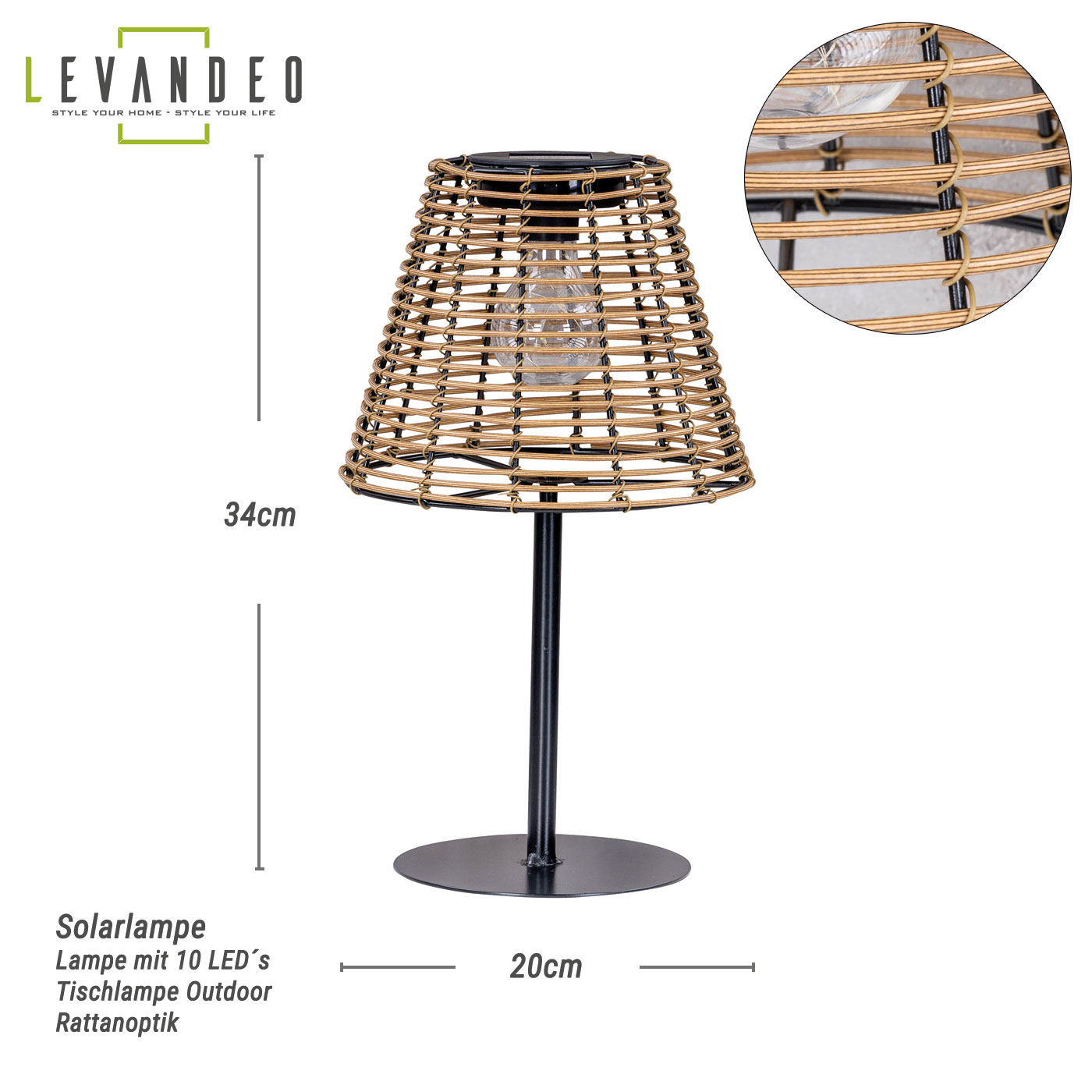 Solar Tischlampe Rattanoptik H34cm Natur Schwarz Lampe Leuchte Dekolampe Tischdeko