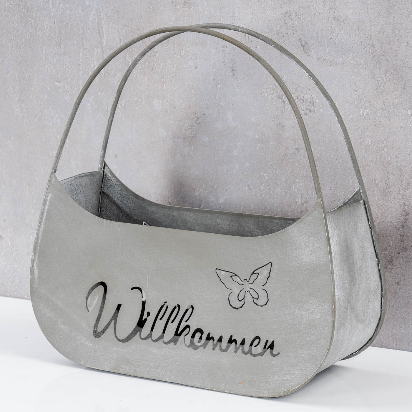 Blumentopf Tasche Willkommen L25cm Grau Metall Pflanztopf Garten-Deko Blumen