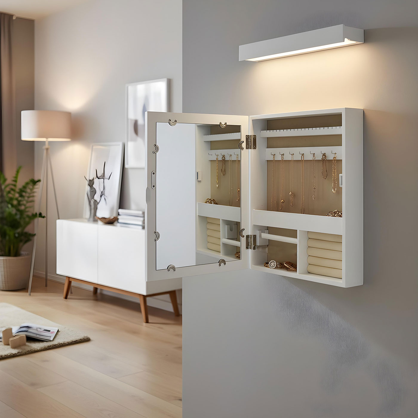 Schmuckschrank Weiß Bilderrahmen 5 Fotos MDF Holz Schmuckkasten Spiegel Wanddeko
