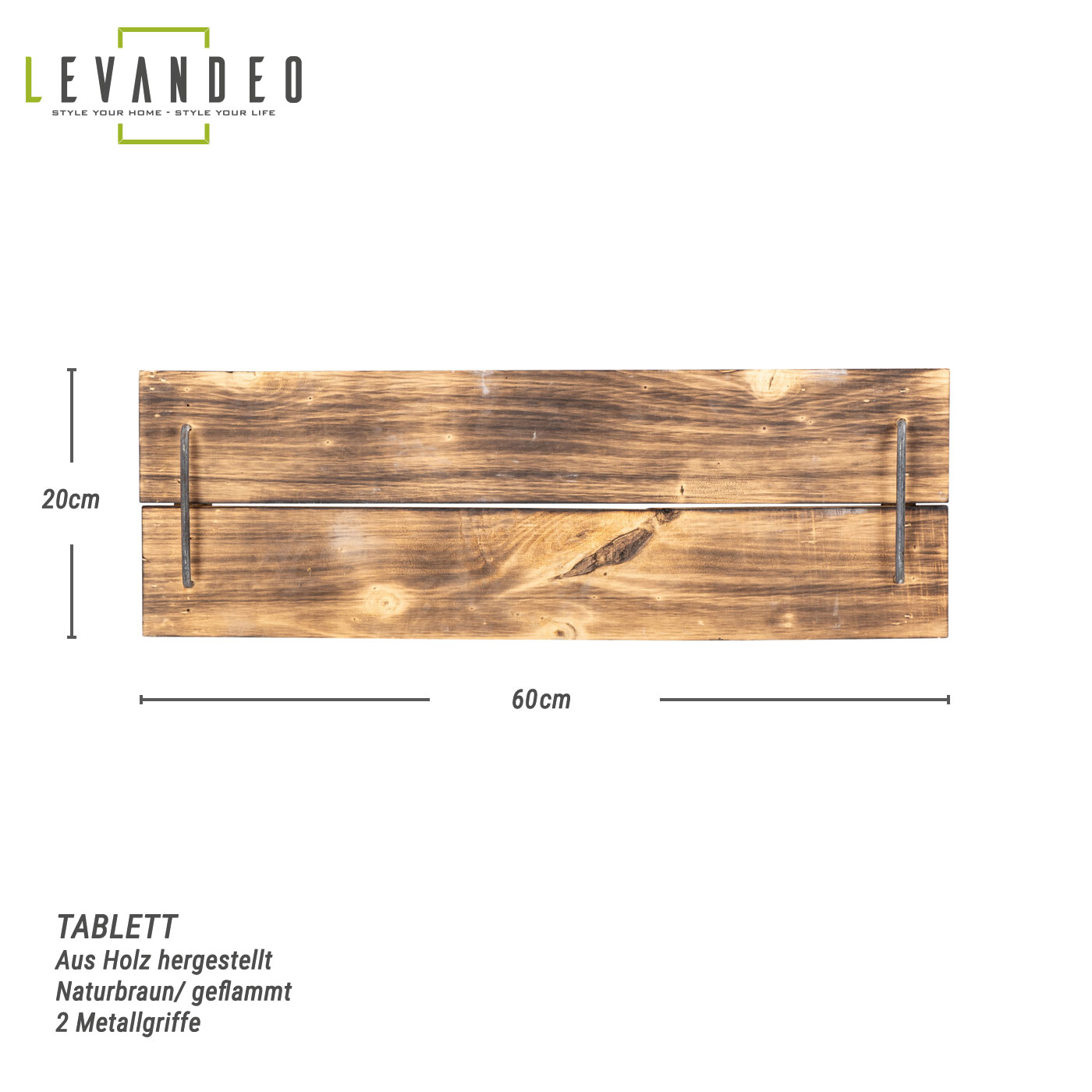 Tablett Holz L60cm Naturbraun Geflammt Serviertablett Deko Küchen Tablett Griffe