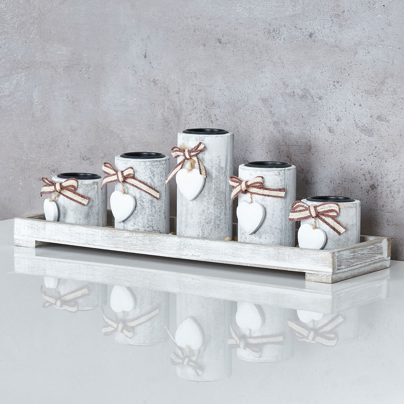 Teelichthalter Set Tablett 39x15x12cm Holz Shabby Chic Vintage Windlicht Deko