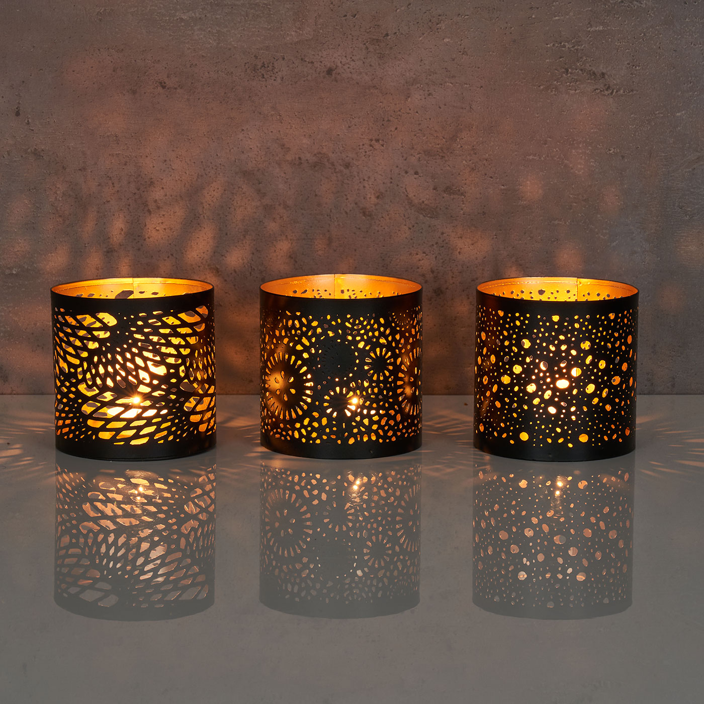 3er Set Windlicht 10x10cm Metall Schwarz Gold Teelichthalter Kerzen Deko