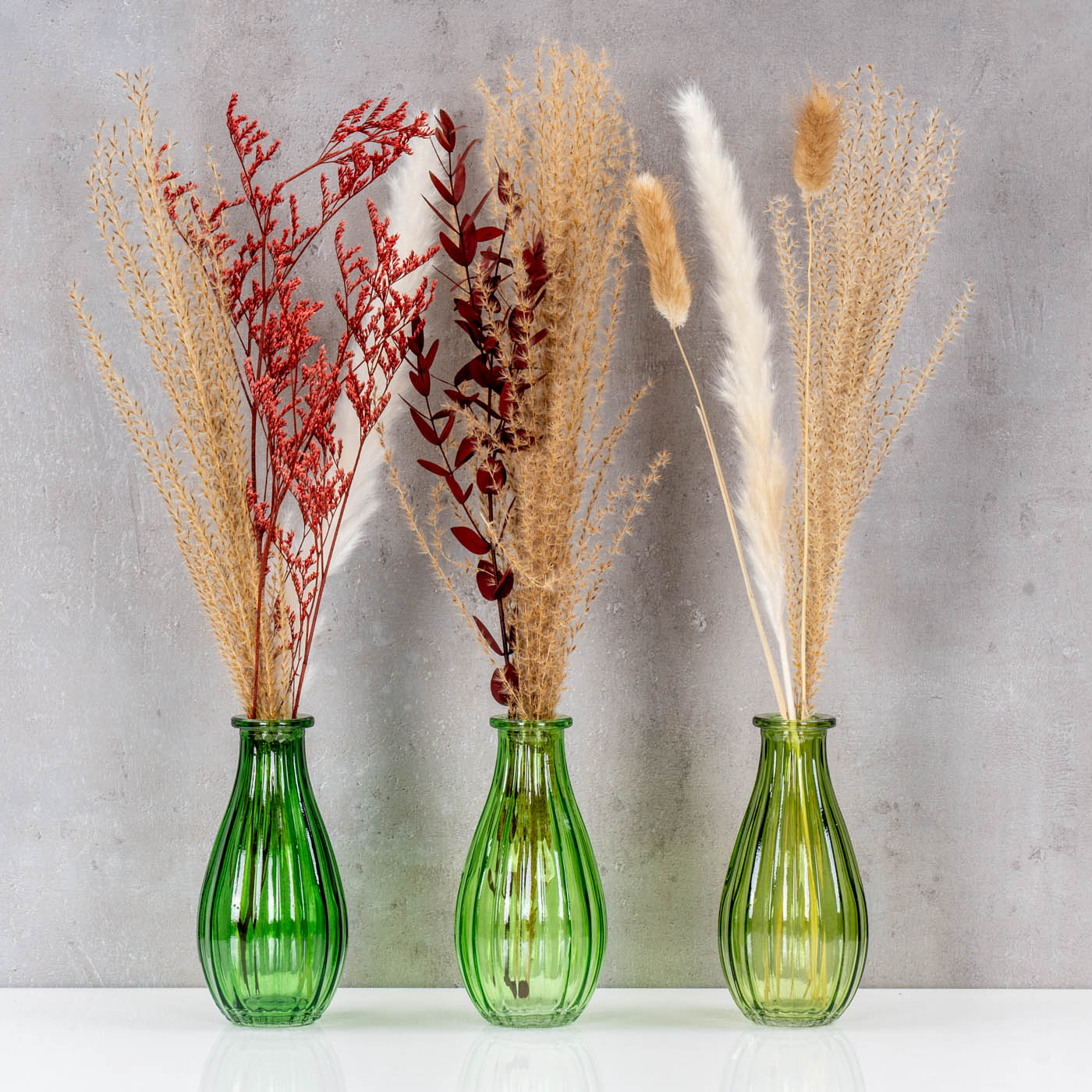 3er Set Vase Glas Grün H14cm Flasche Blumenvase Tischdeko Frühling Blumendeko Deko
