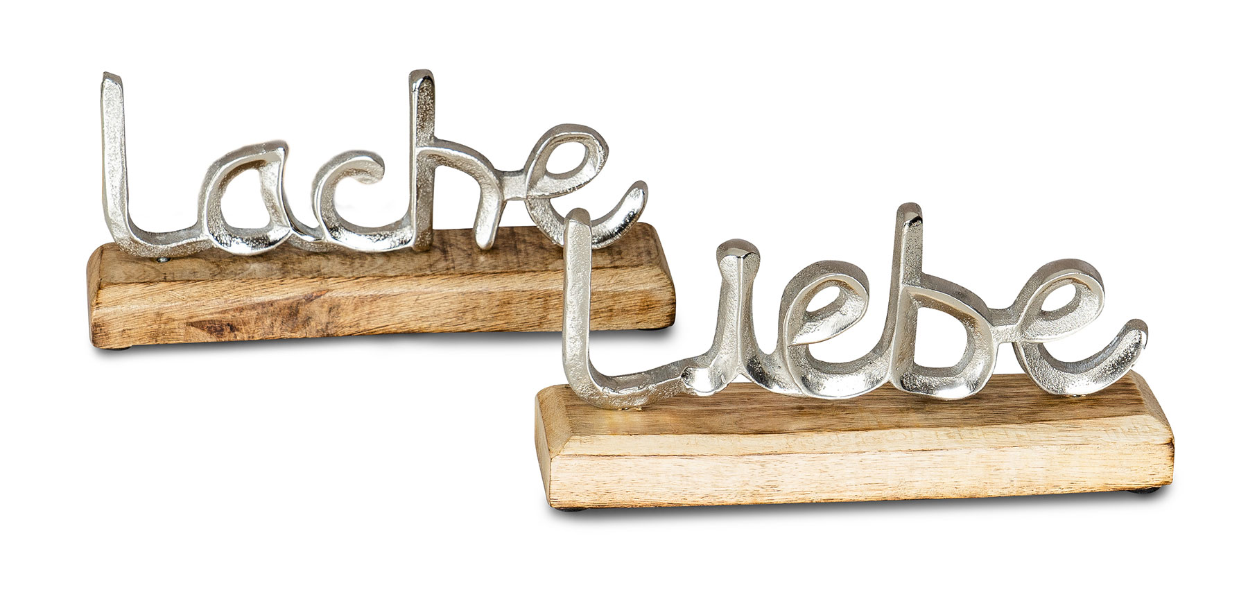 2er Set Schriftzug Liebe Lache L23cm Metall Silber Mango Holz Aufsteller Deko