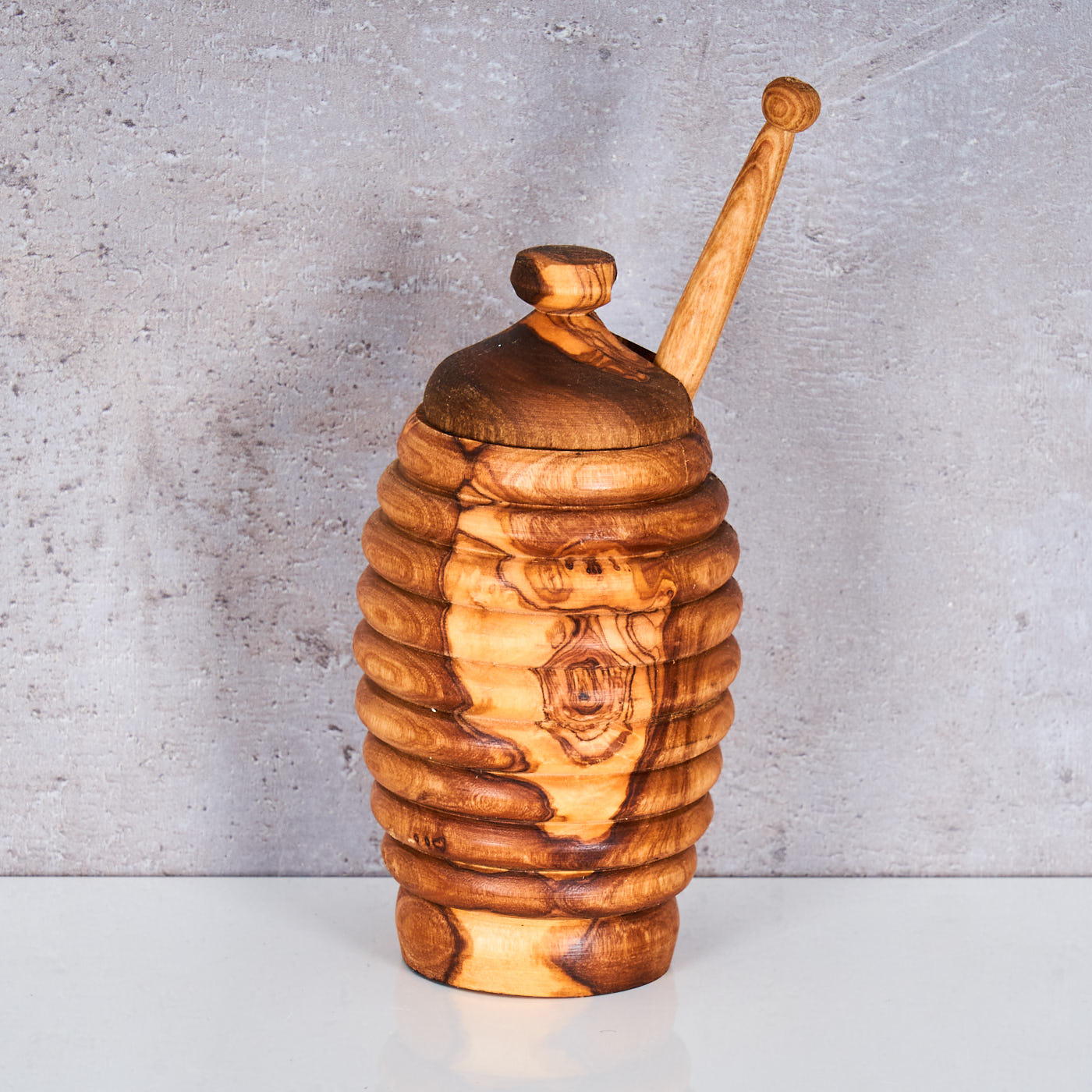 Honigtopf ca. H14cm Olivenholz inkl. Honigstab Deckel Honigdose Honey Jar Unikat Küche