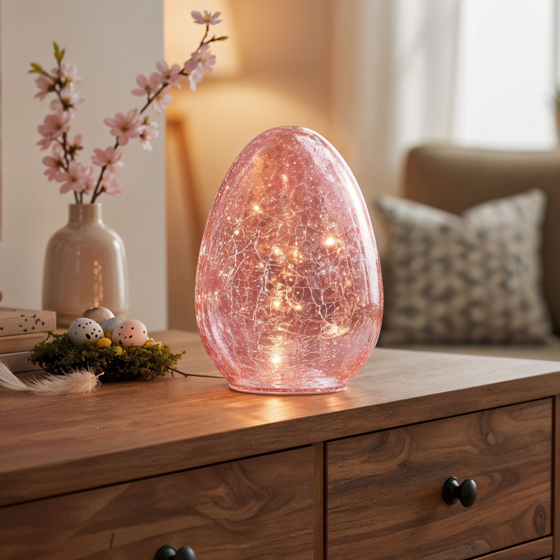 LED Osterei H16cm Rosa Glas Dekolampe Timer Osterdeko Tischlampe Stimmungslicht