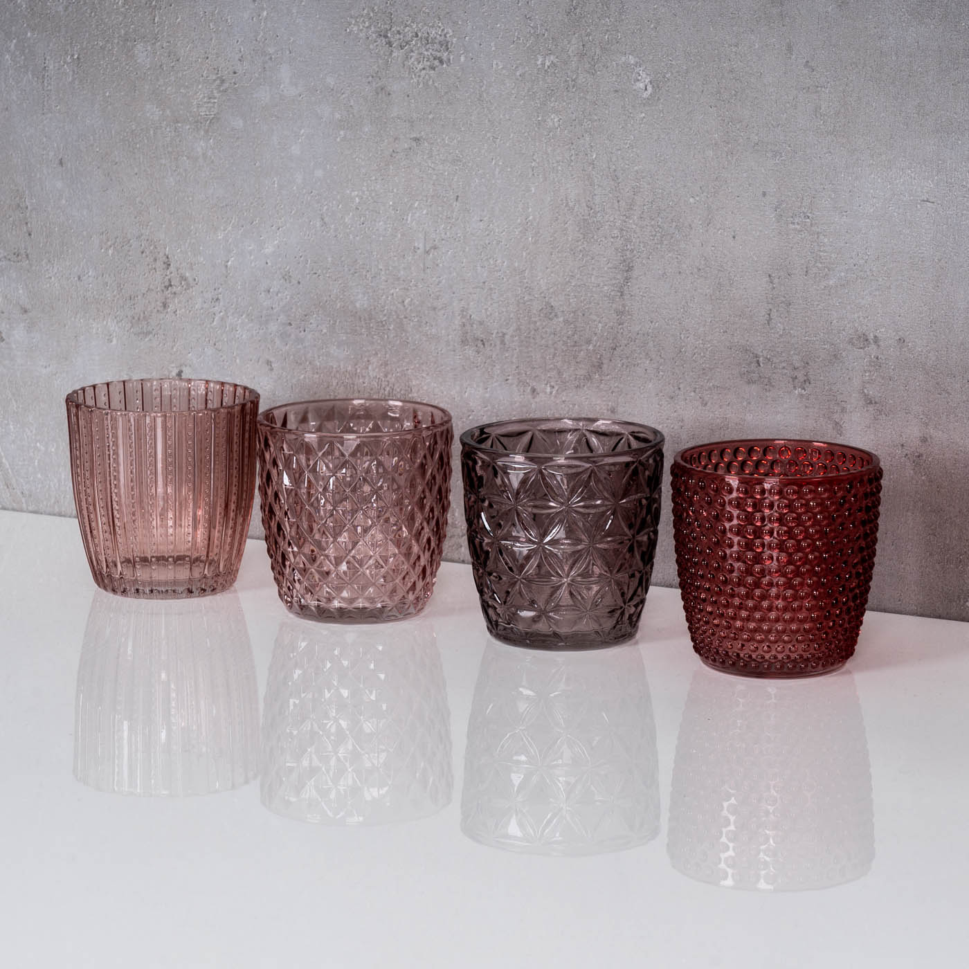 4er Set Windlicht H7,5cm Glas Rosa Rot Teelichthalter Tischdeko Kerzen Retro Deko