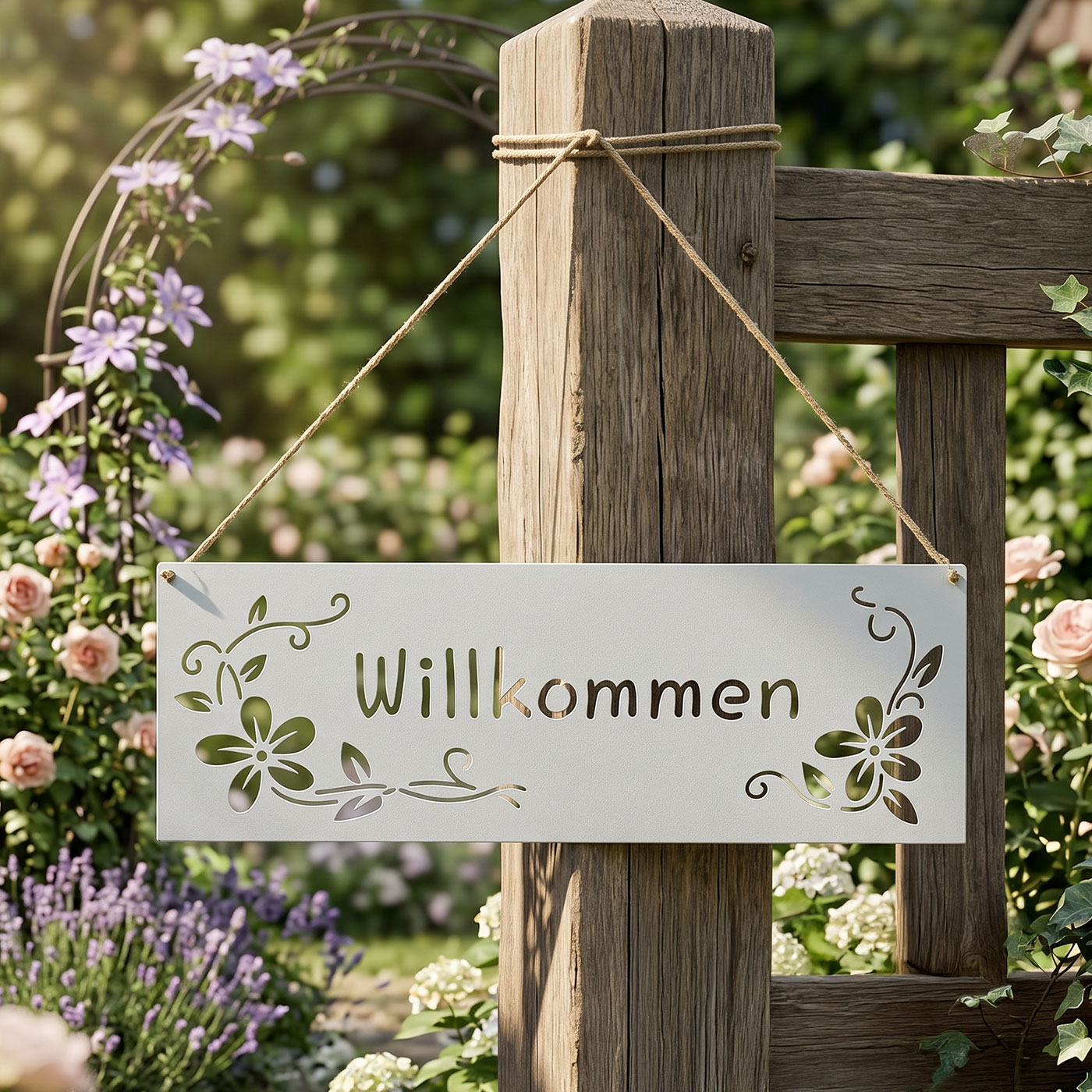Türschild Willkommen Metall Weiß 25x9cm Hängedeko Gartenschild Gartendekoration